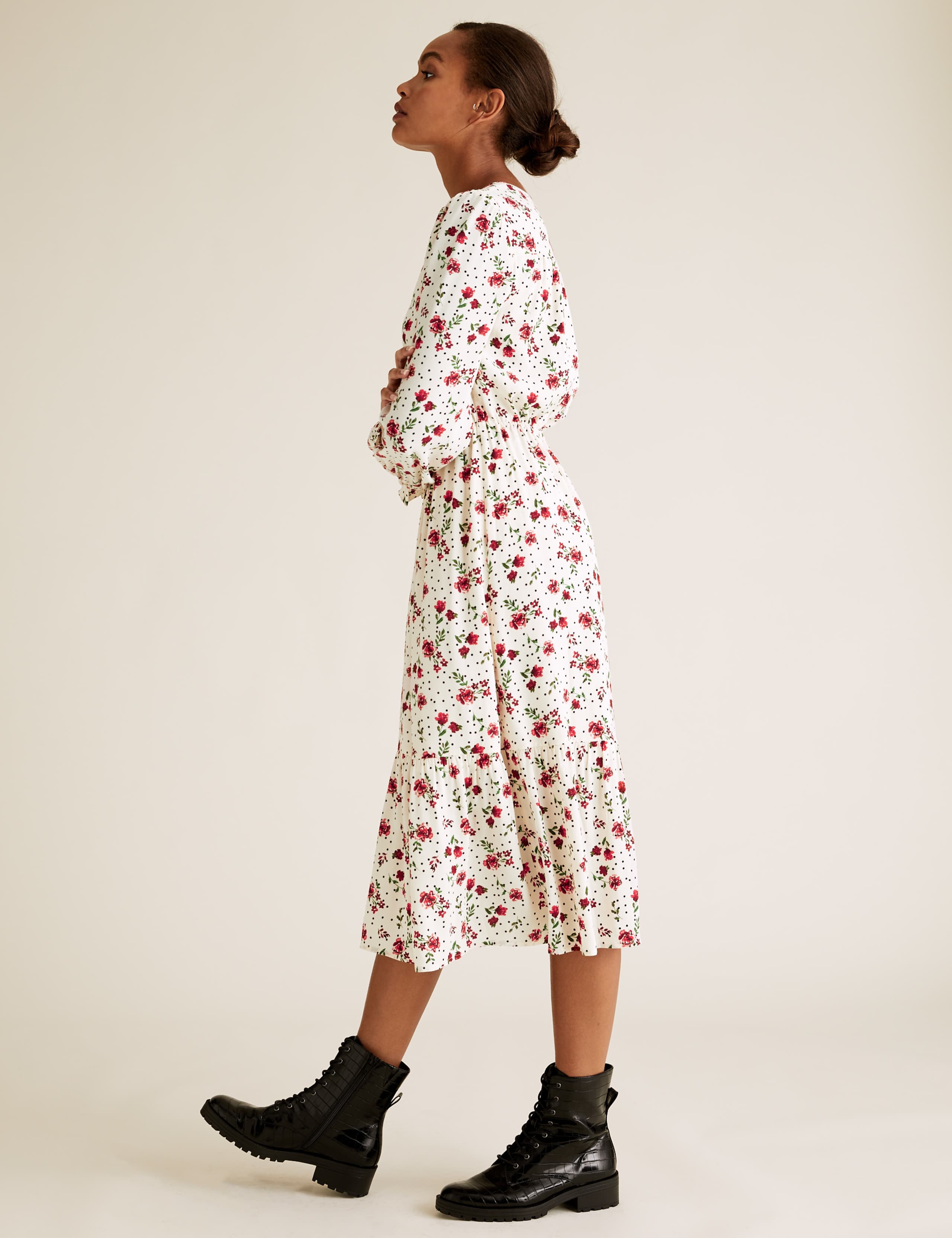 Floral Button Detail Midi Waisted Dress 4 of 6