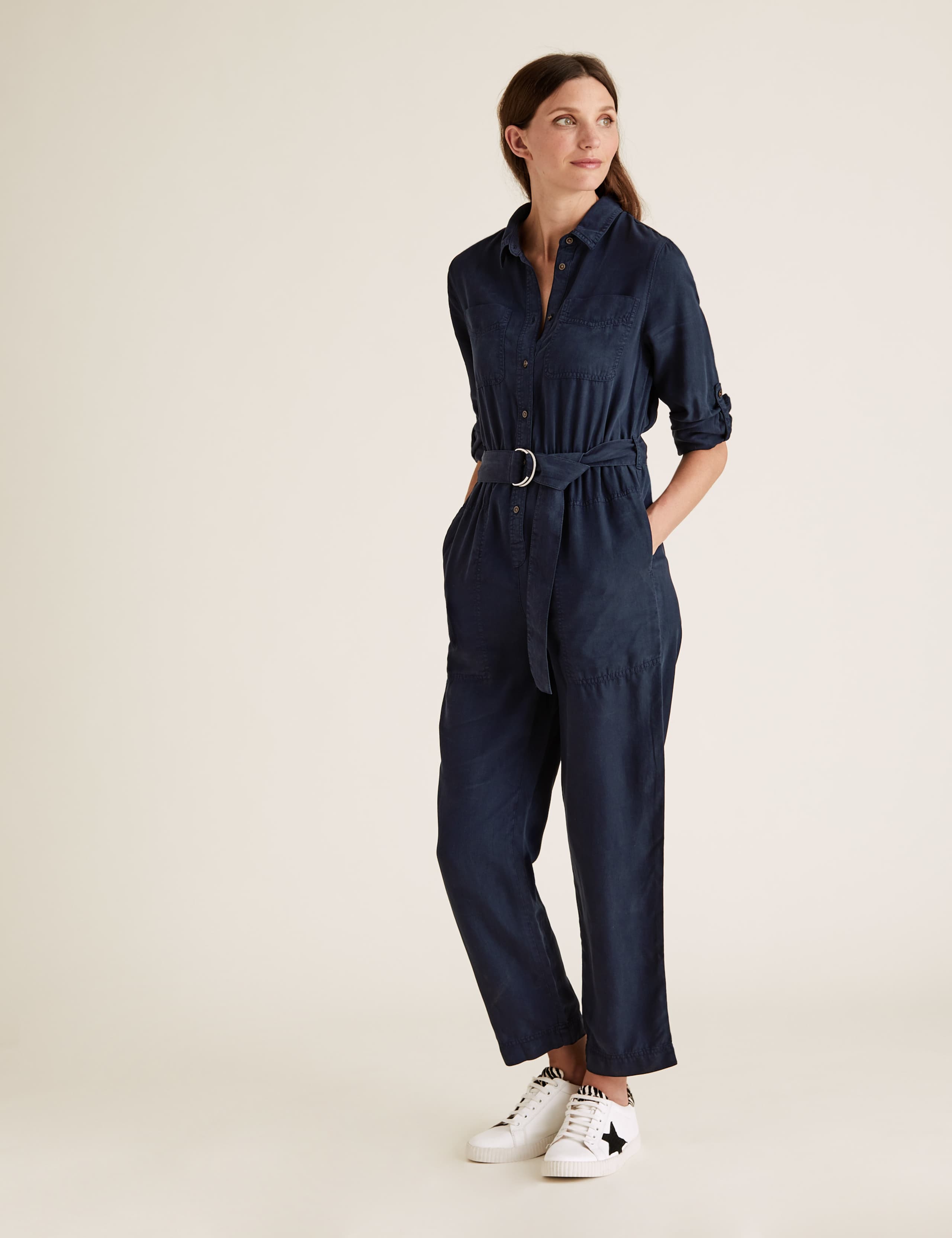 Tencel™ Belted Long Sleeve Utility Jumpsuit 1 of 5