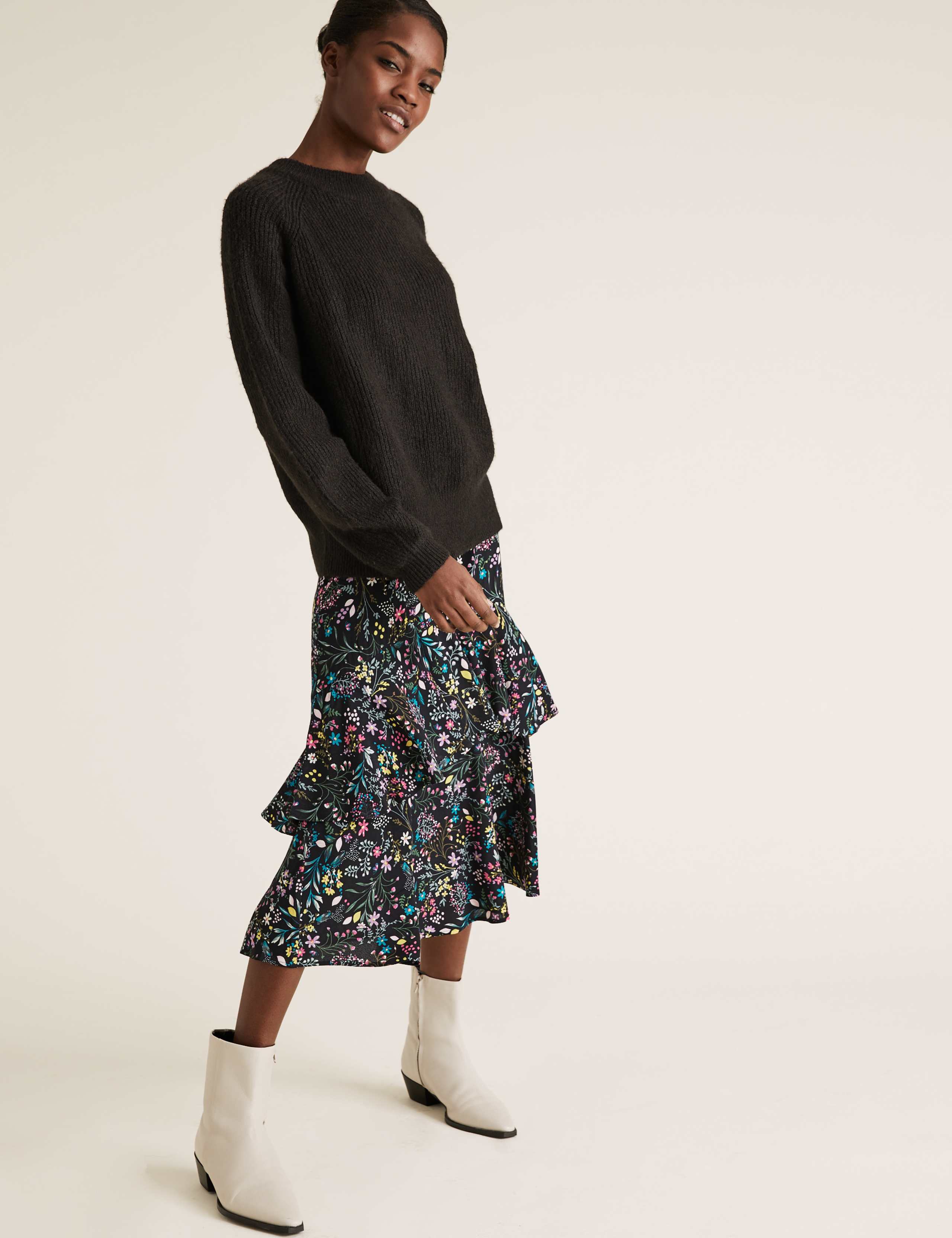 Floral Frill Detail Midi Tiered Skirt 1 of 4