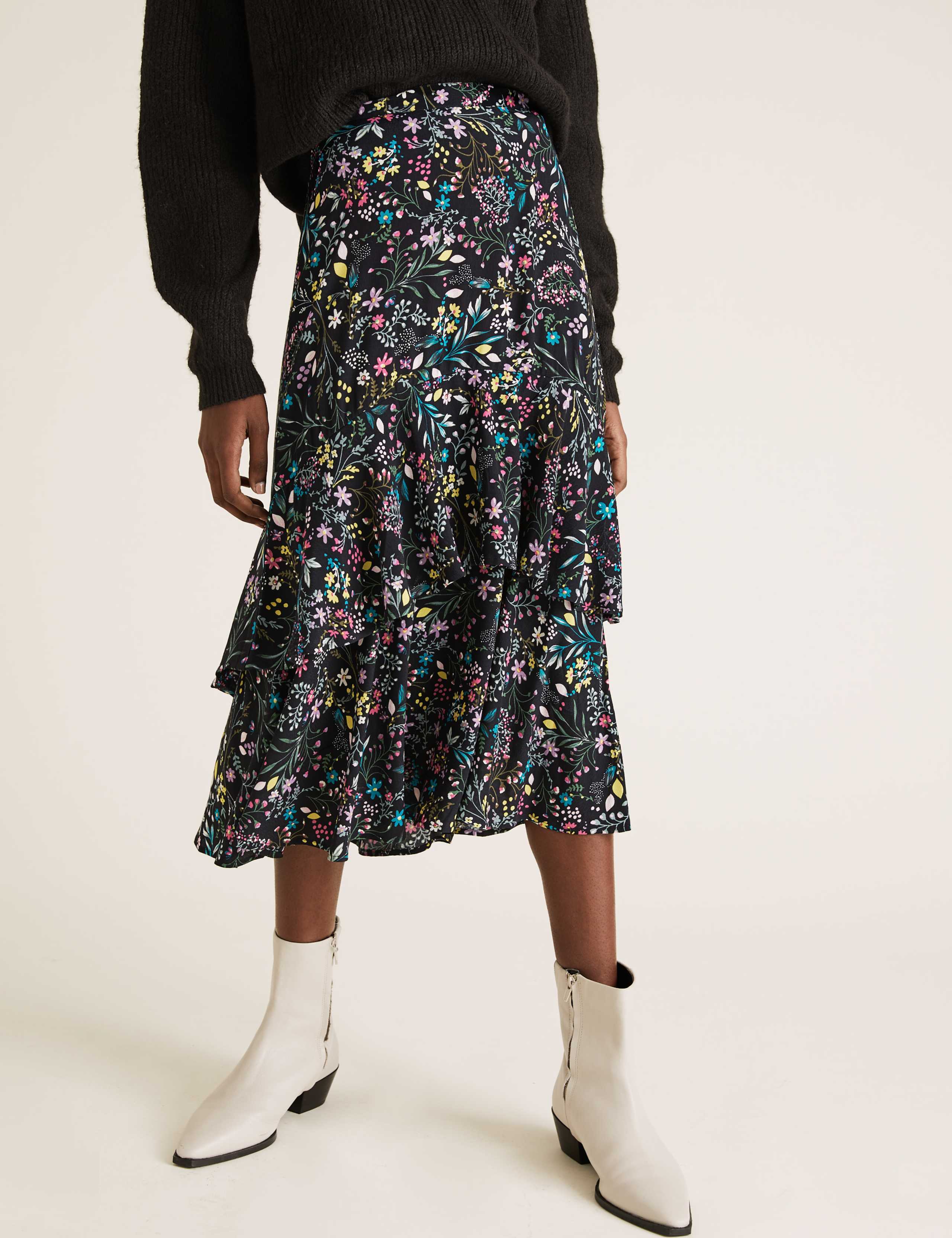 Floral Frill Detail Midi Tiered Skirt 3 of 4