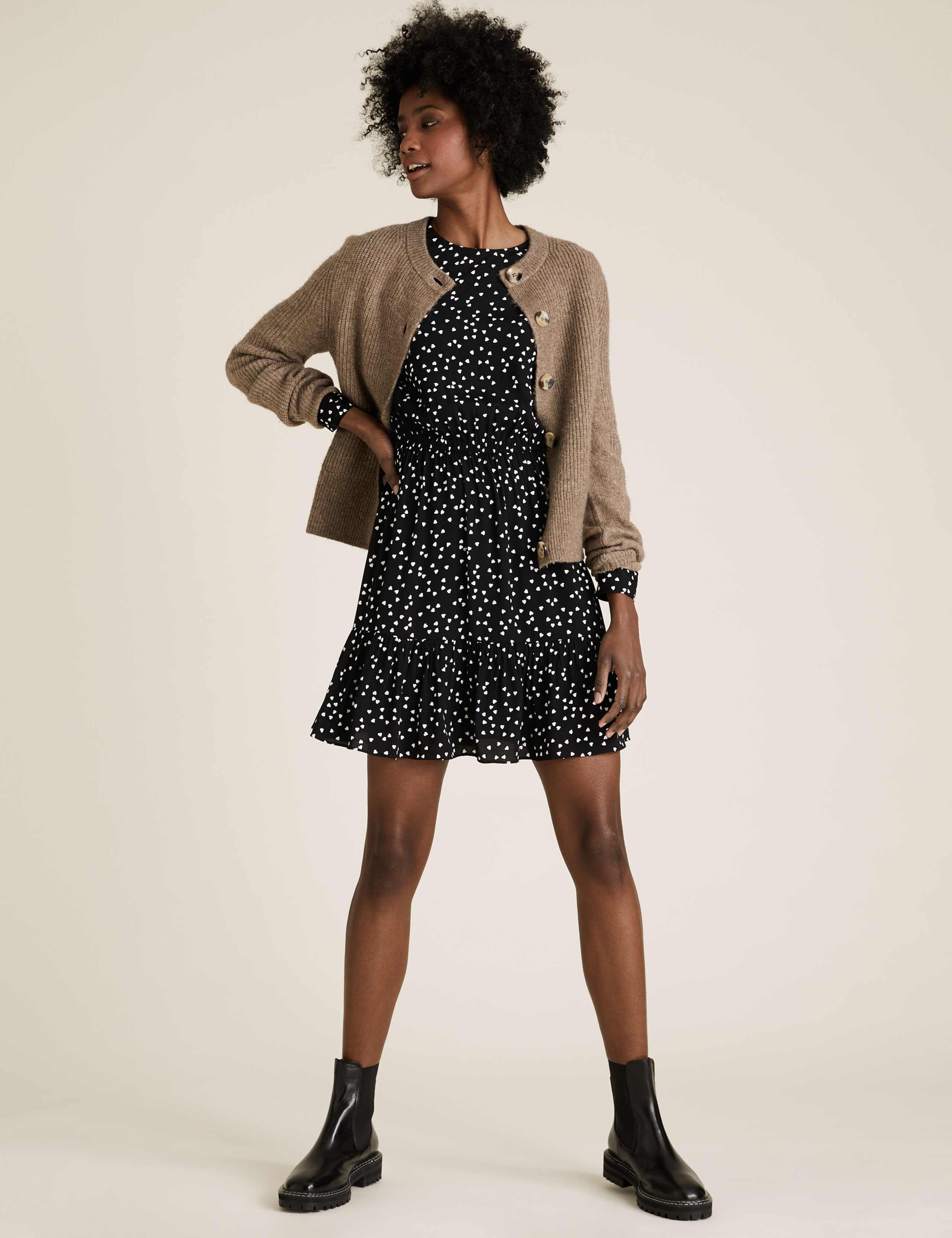 Heart Print Round Neck Mini Waisted Dress 1 of 5