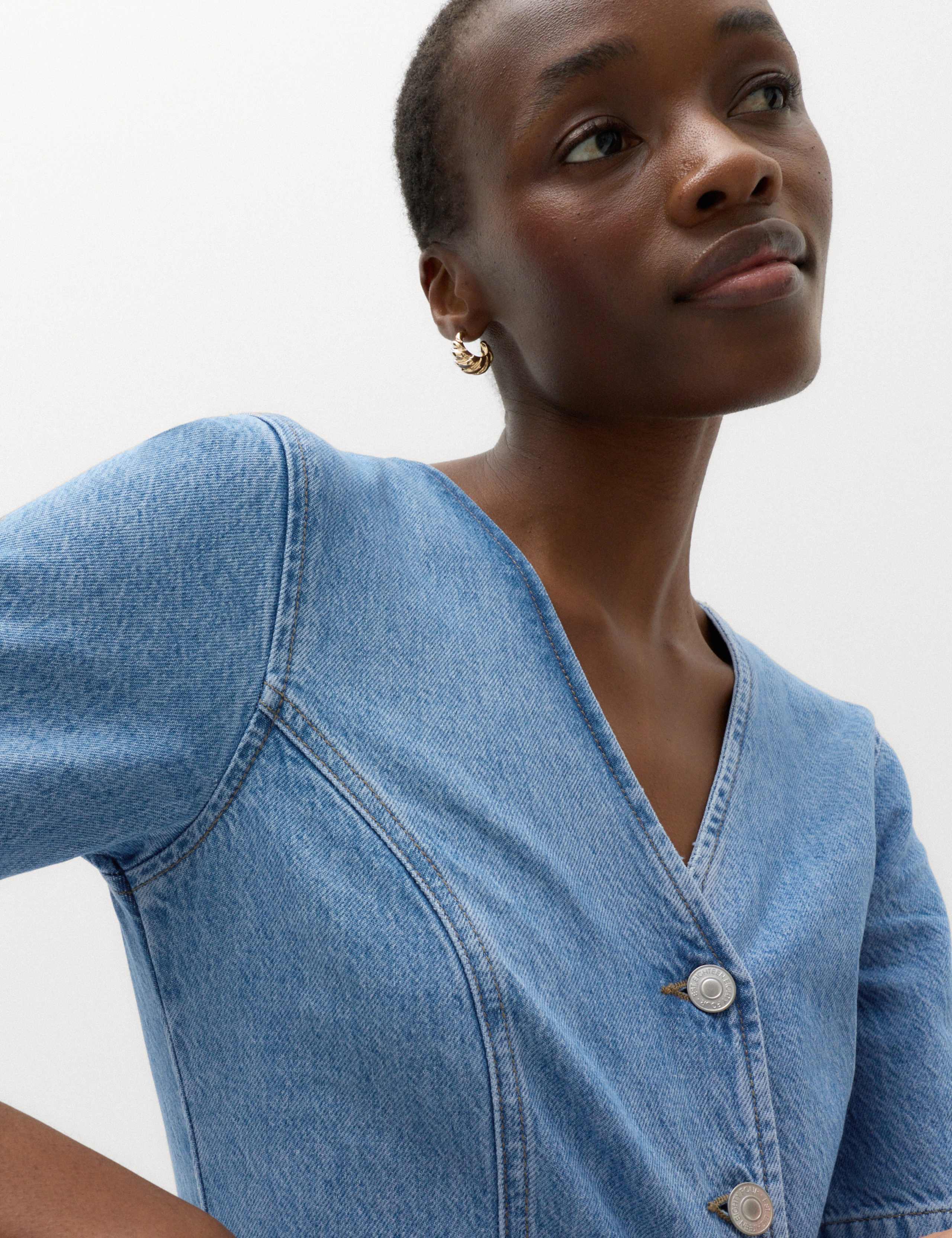 Denim V-Neck Button Through Mini Swing Dress 3 of 6