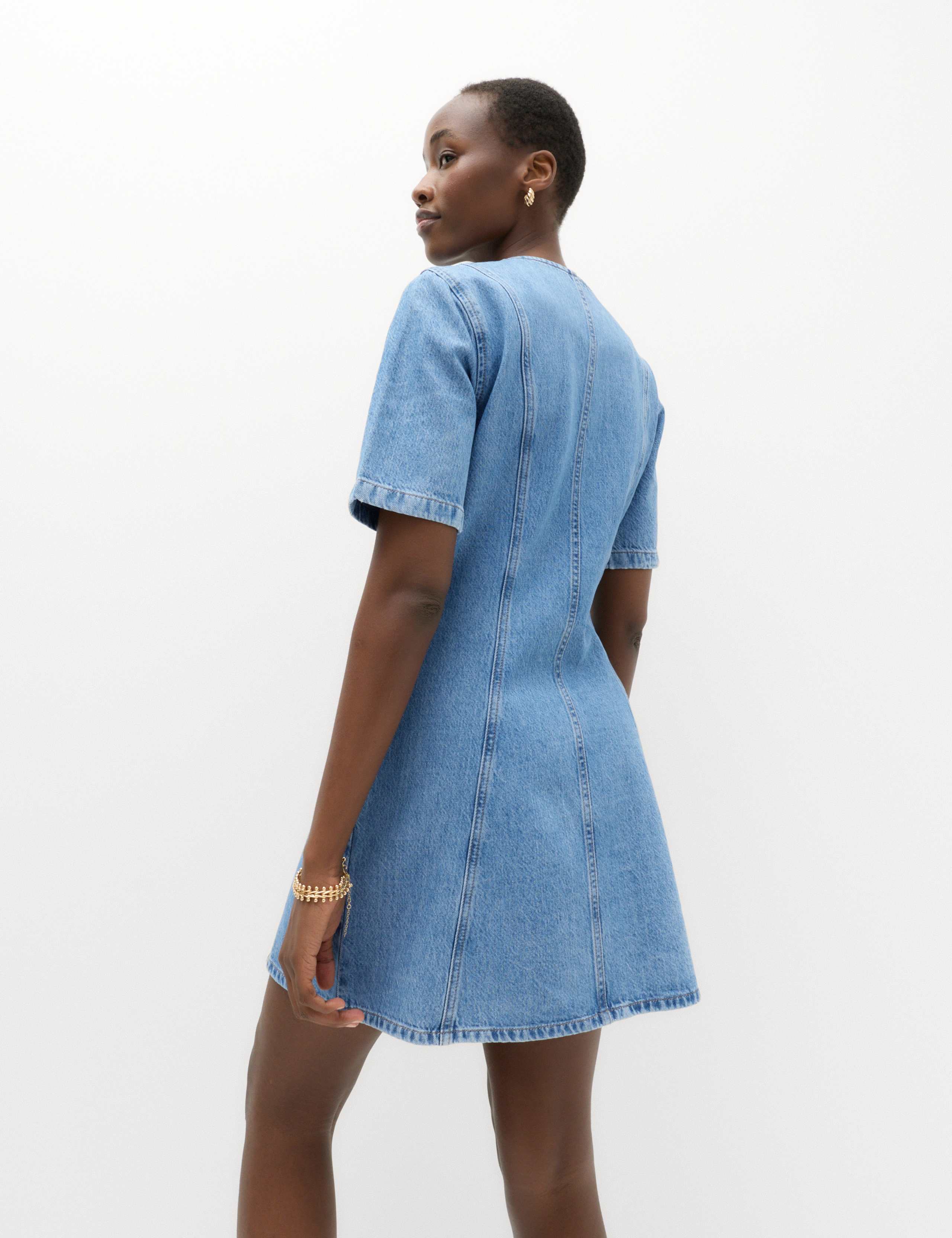 Denim V-Neck Button Through Mini Swing Dress 4 of 6