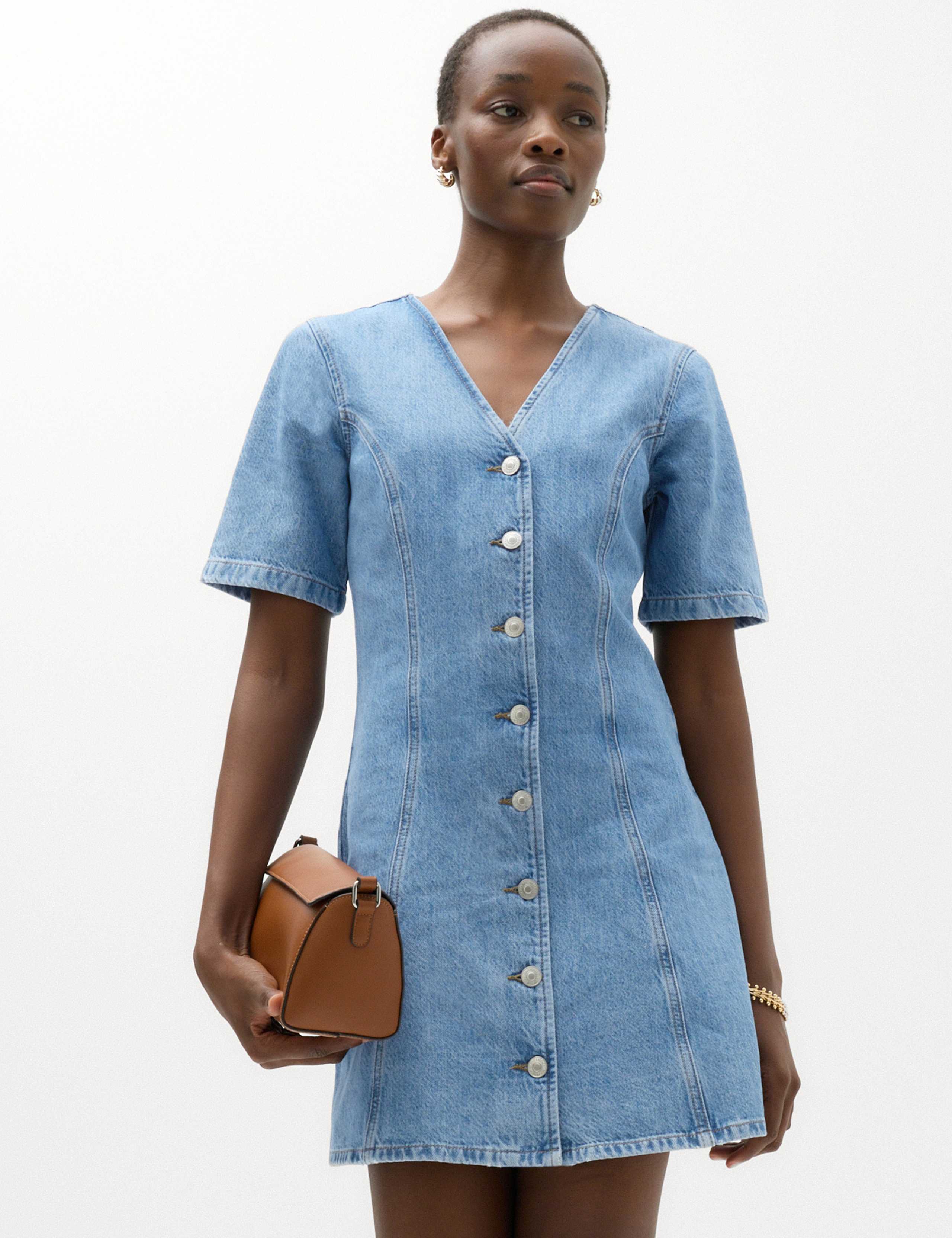 Denim V-Neck Button Through Mini Swing Dress 5 of 6