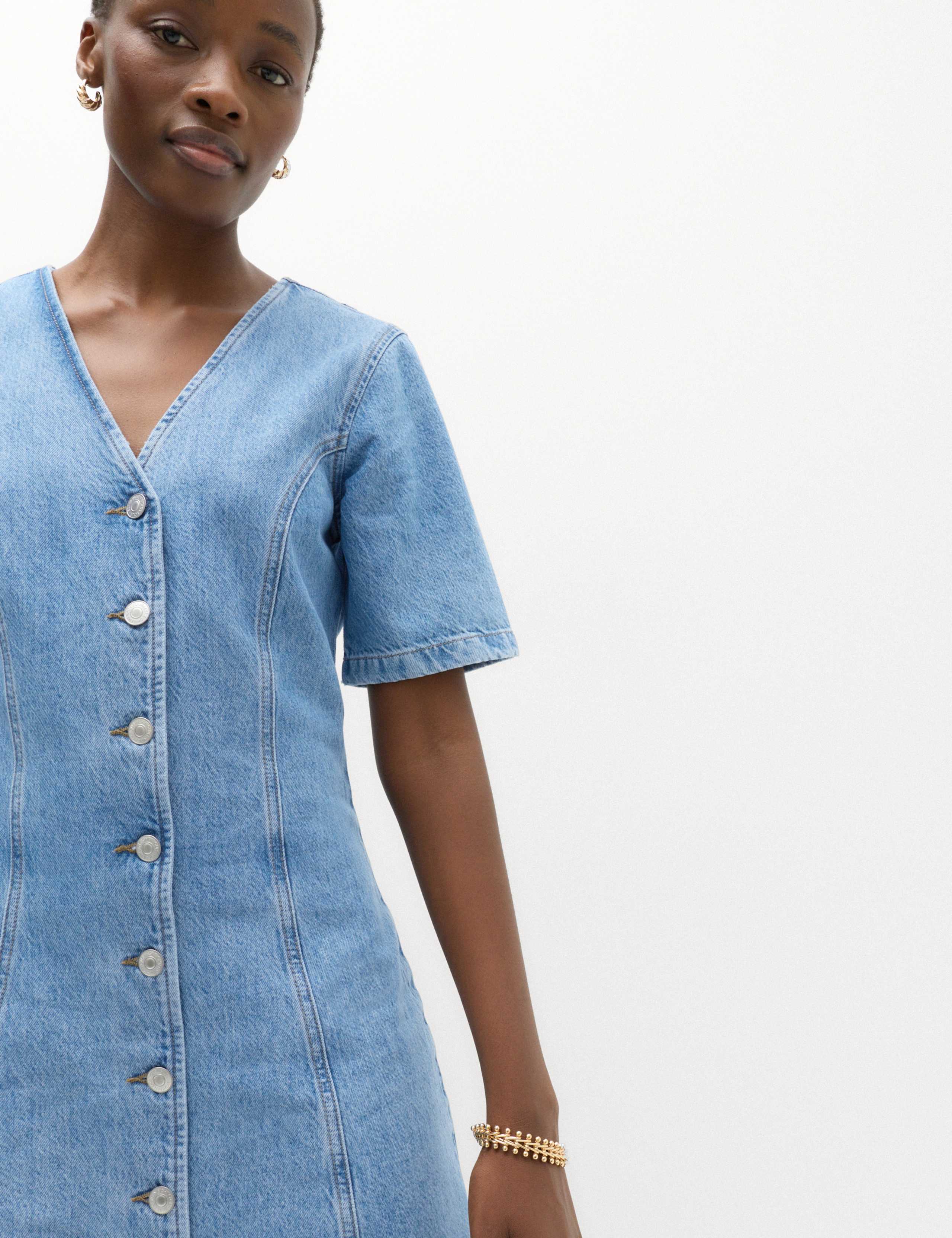 Denim V-Neck Button Through Mini Swing Dress 6 of 6