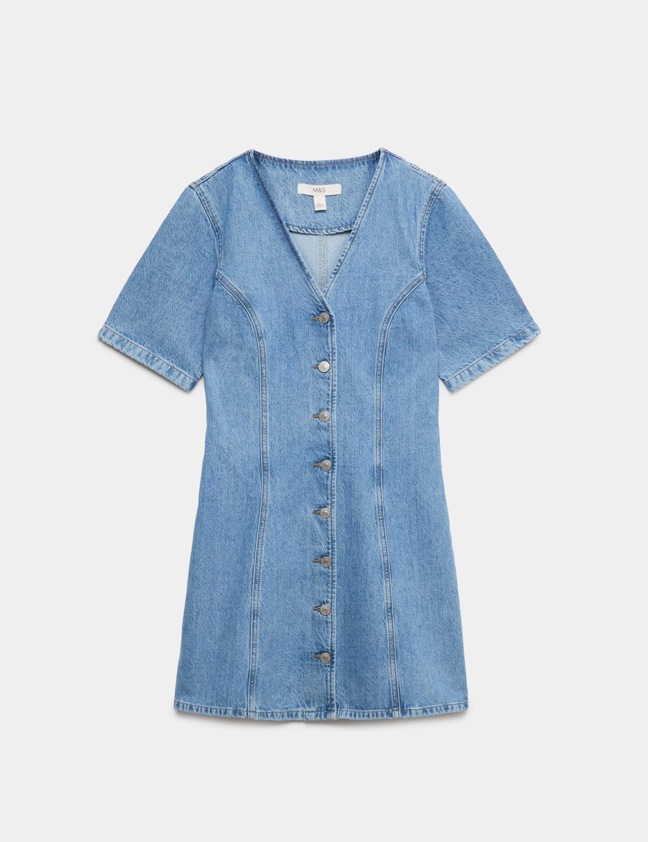 Denim V-Neck Button Through Mini Swing Dress 2 of 6