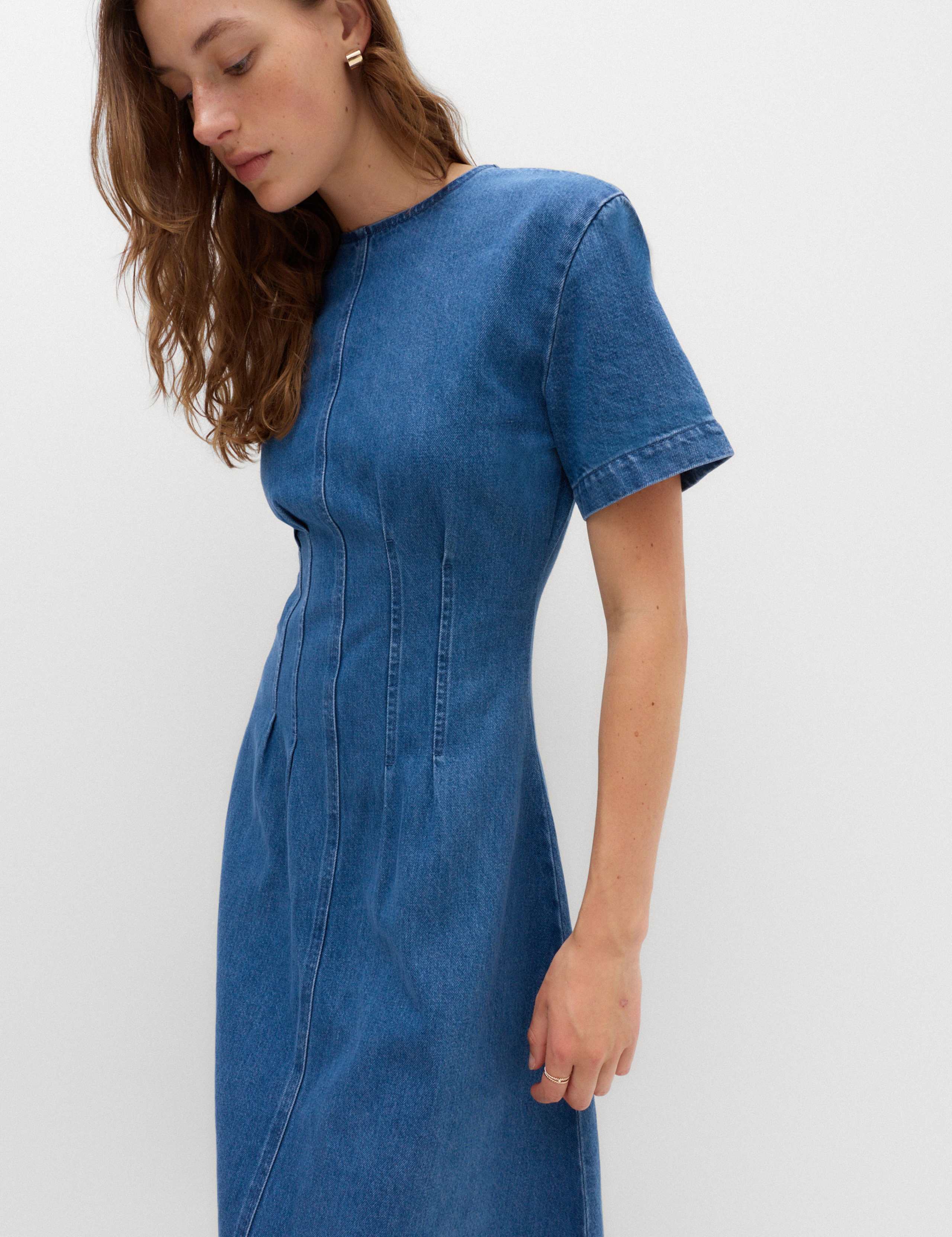 Denim Pintuck Midi Column Dress 3 of 6