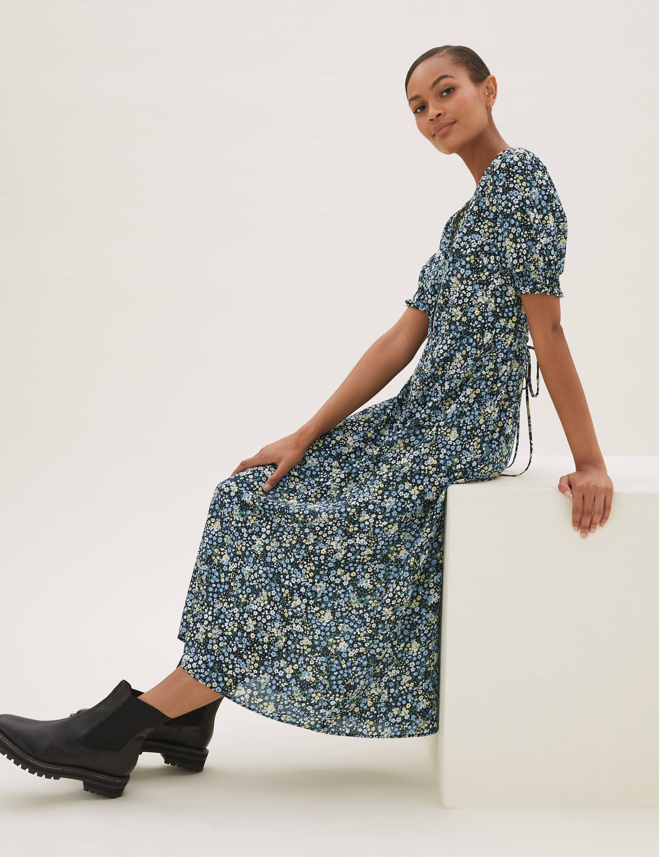 Floral V-Neck Short Sleeve Midi Tea Dress 1 of 5