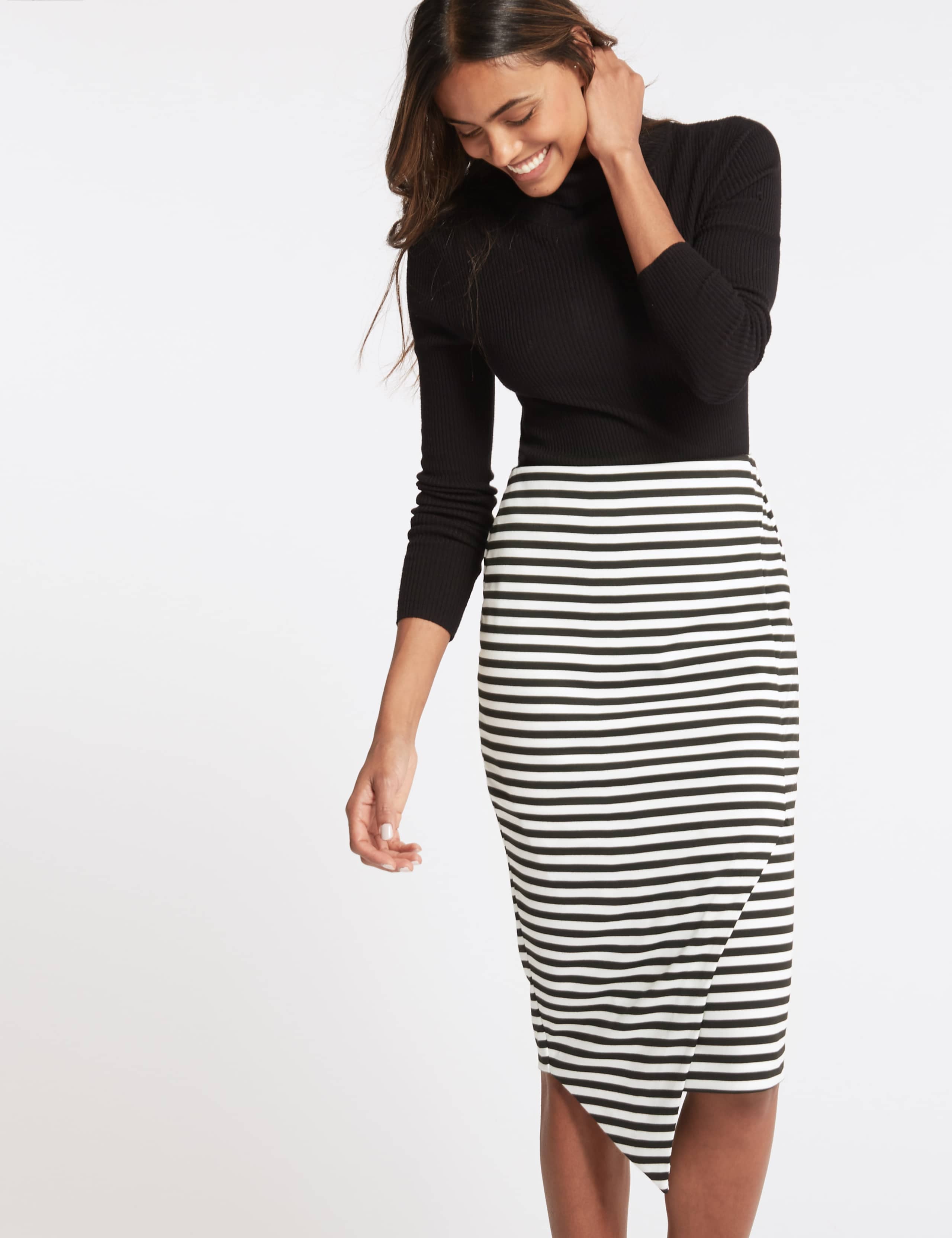 Striped Asymmetric Wrap Pencil Midi Skirt 4 of 6