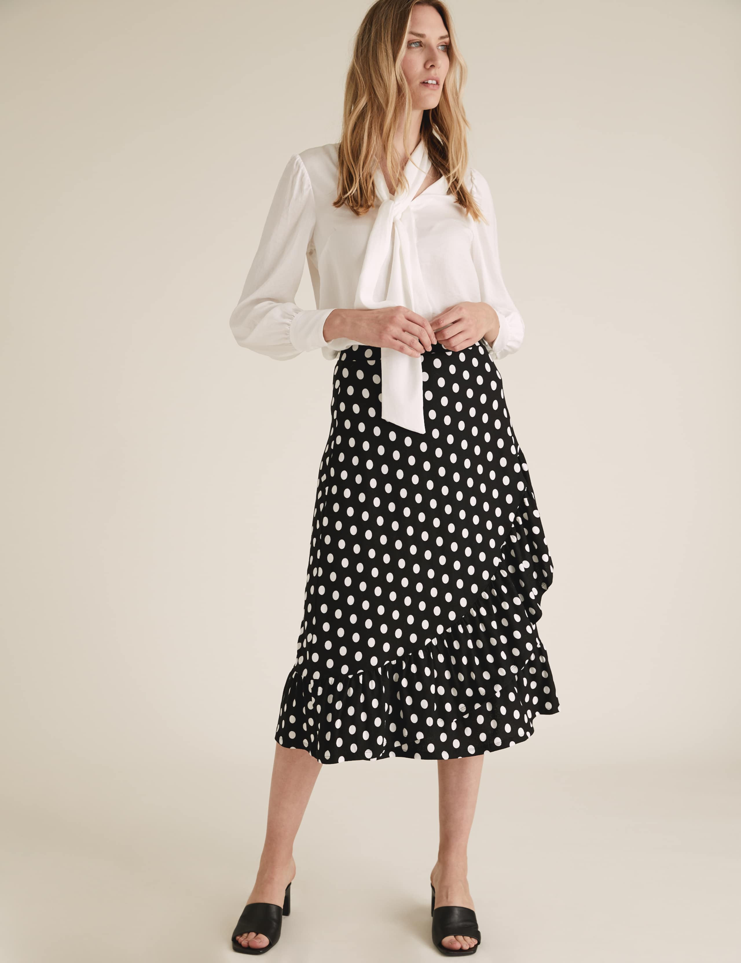 Jersey Polka Dot Ruffle Midi Wrap Skirt 1 of 4