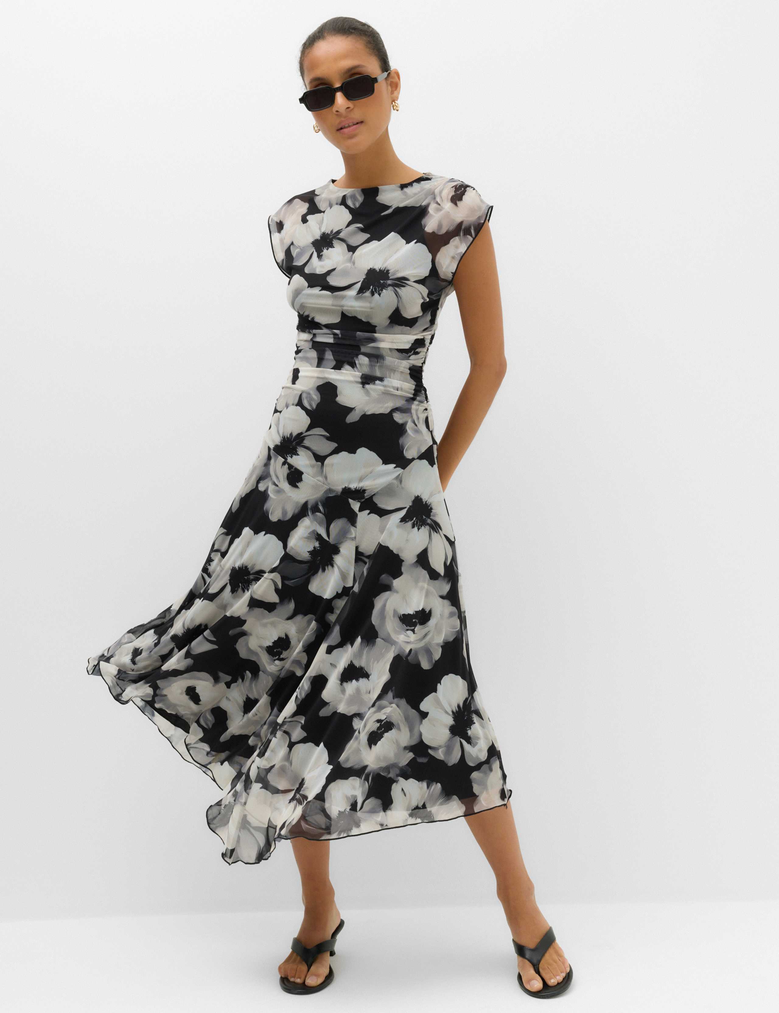 Mesh Floral Ruched Midi Waisted Dress 1 of 7