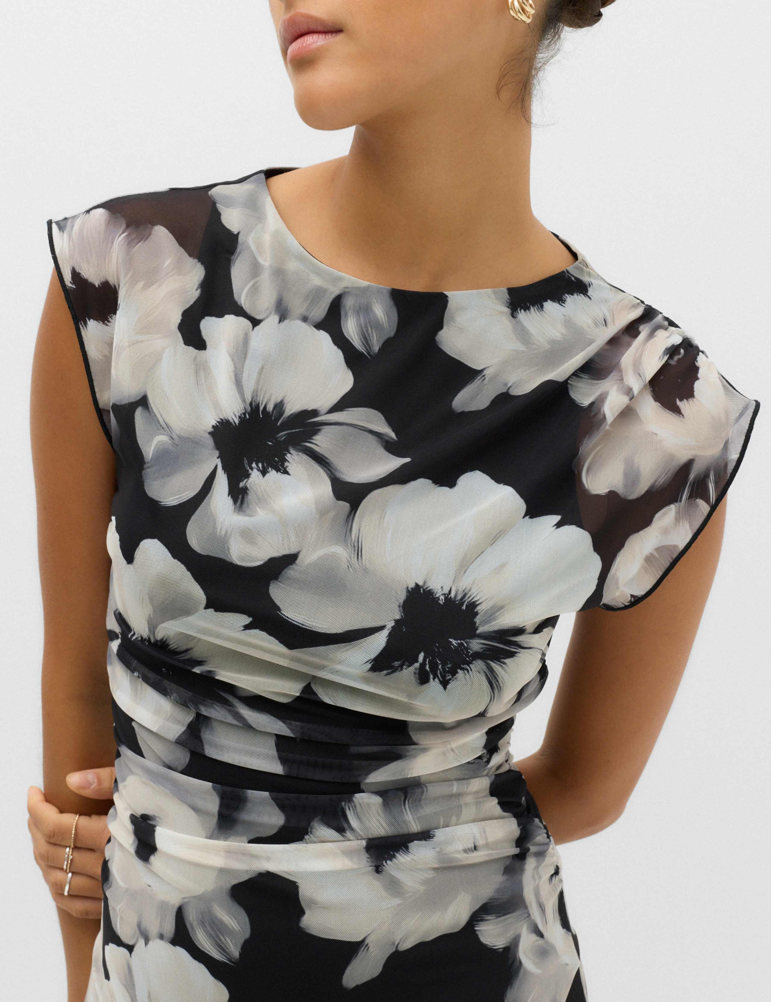 Mesh Floral Ruched Midi Waisted Dress 7 of 7