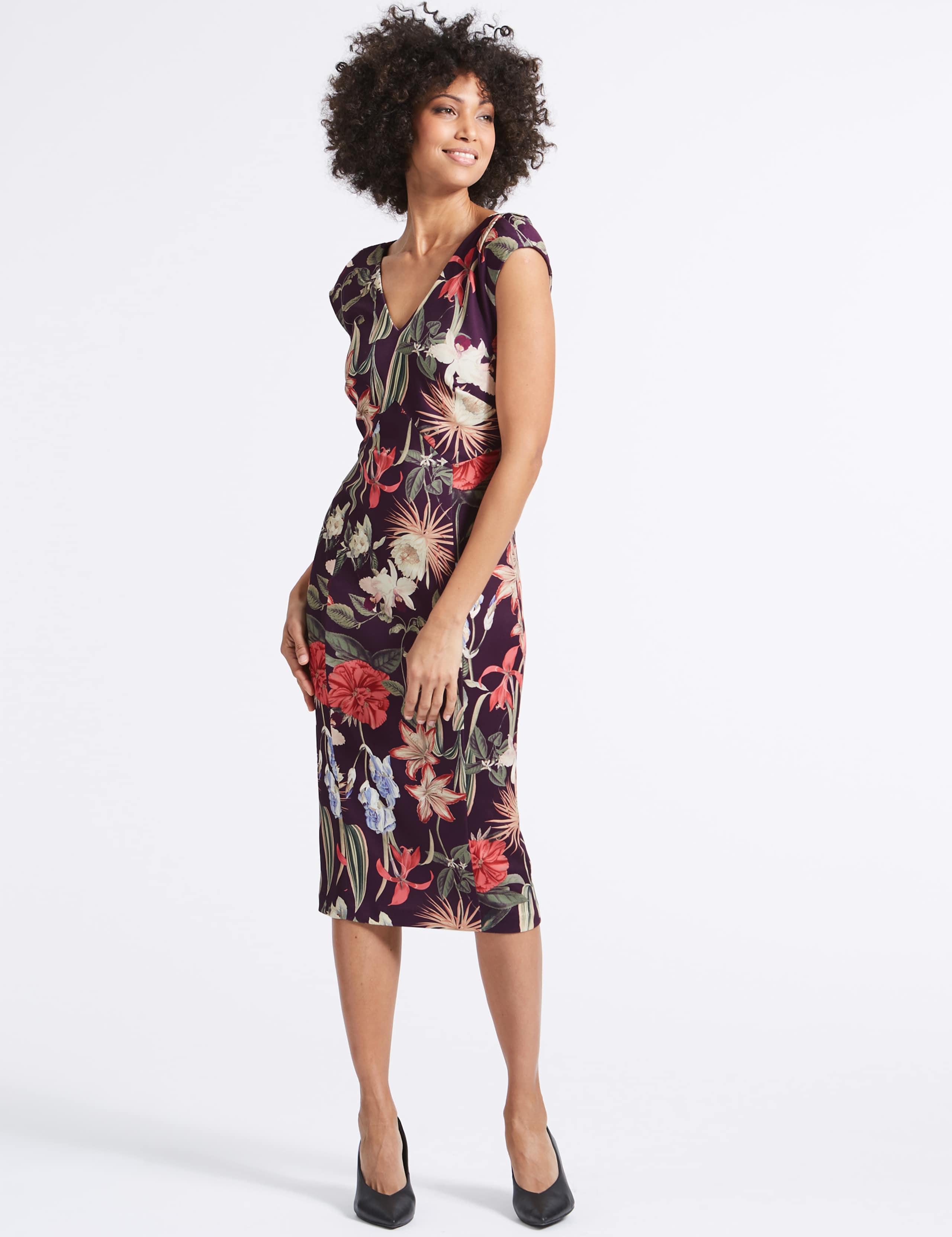 Floral Print Asymmetric Bodycon Midi Dress 1 of 5