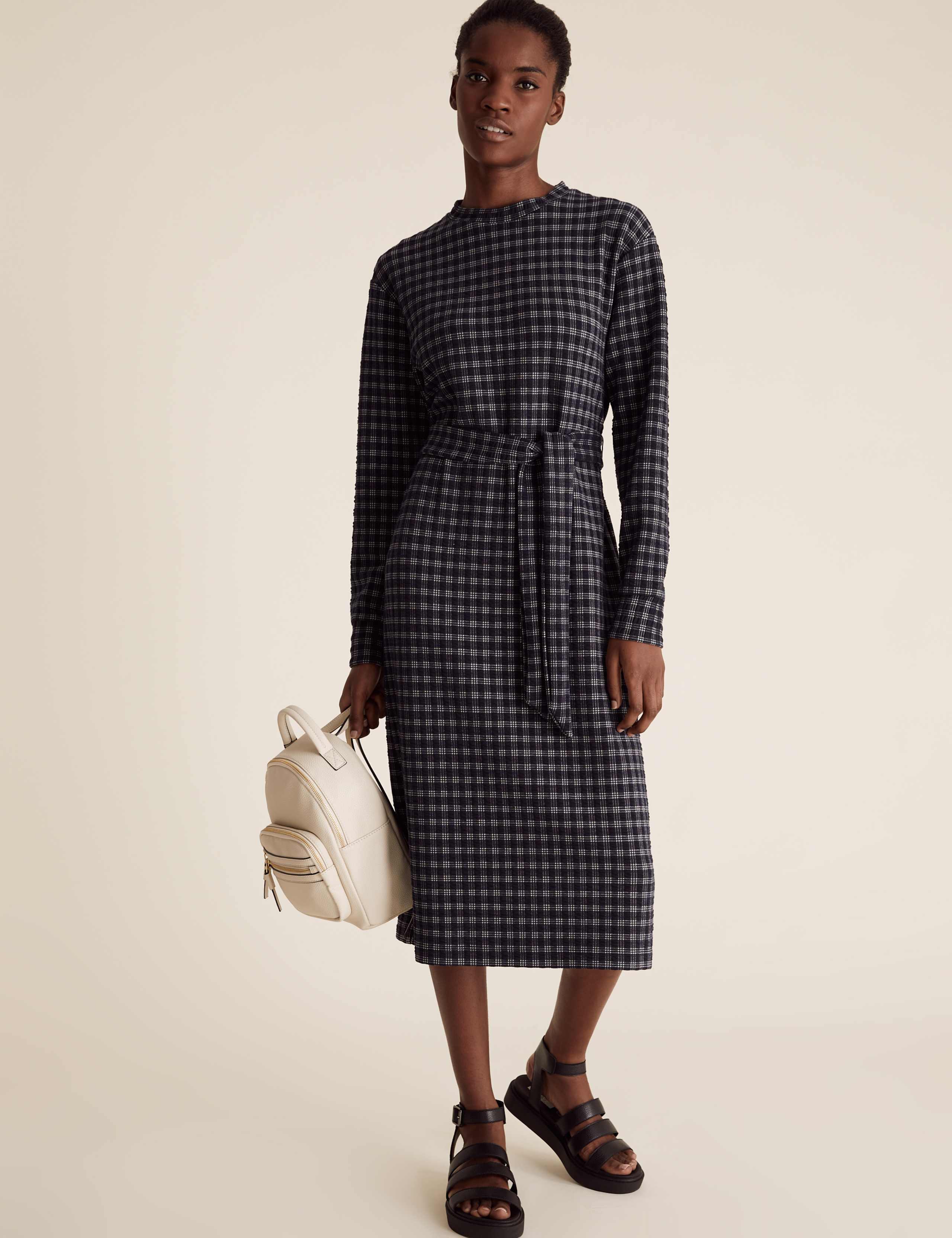 Checked Belted Midi Shift Dress 1 of 5