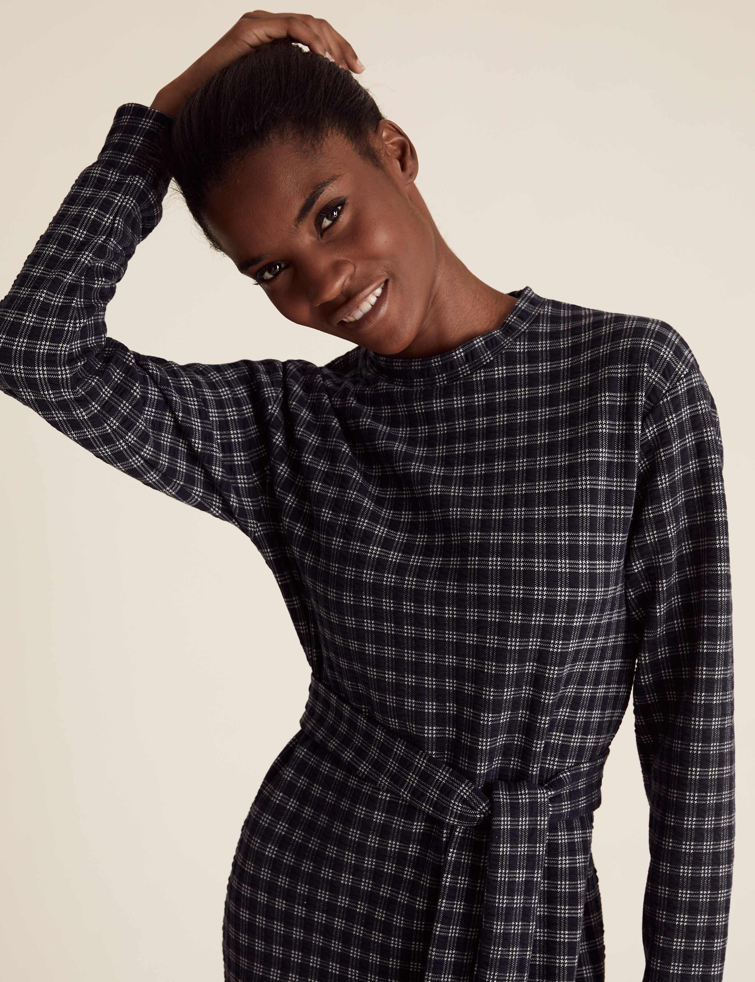 Checked Belted Midi Shift Dress 3 of 5