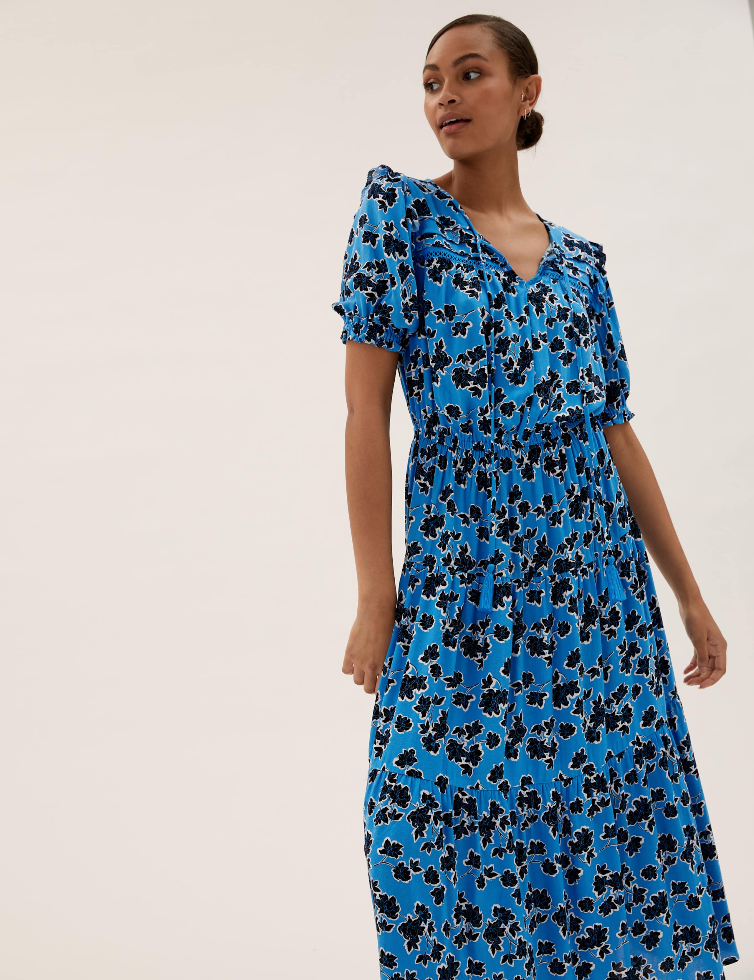 Floral Tie Neck Midaxi Waisted Dress 1 of 5