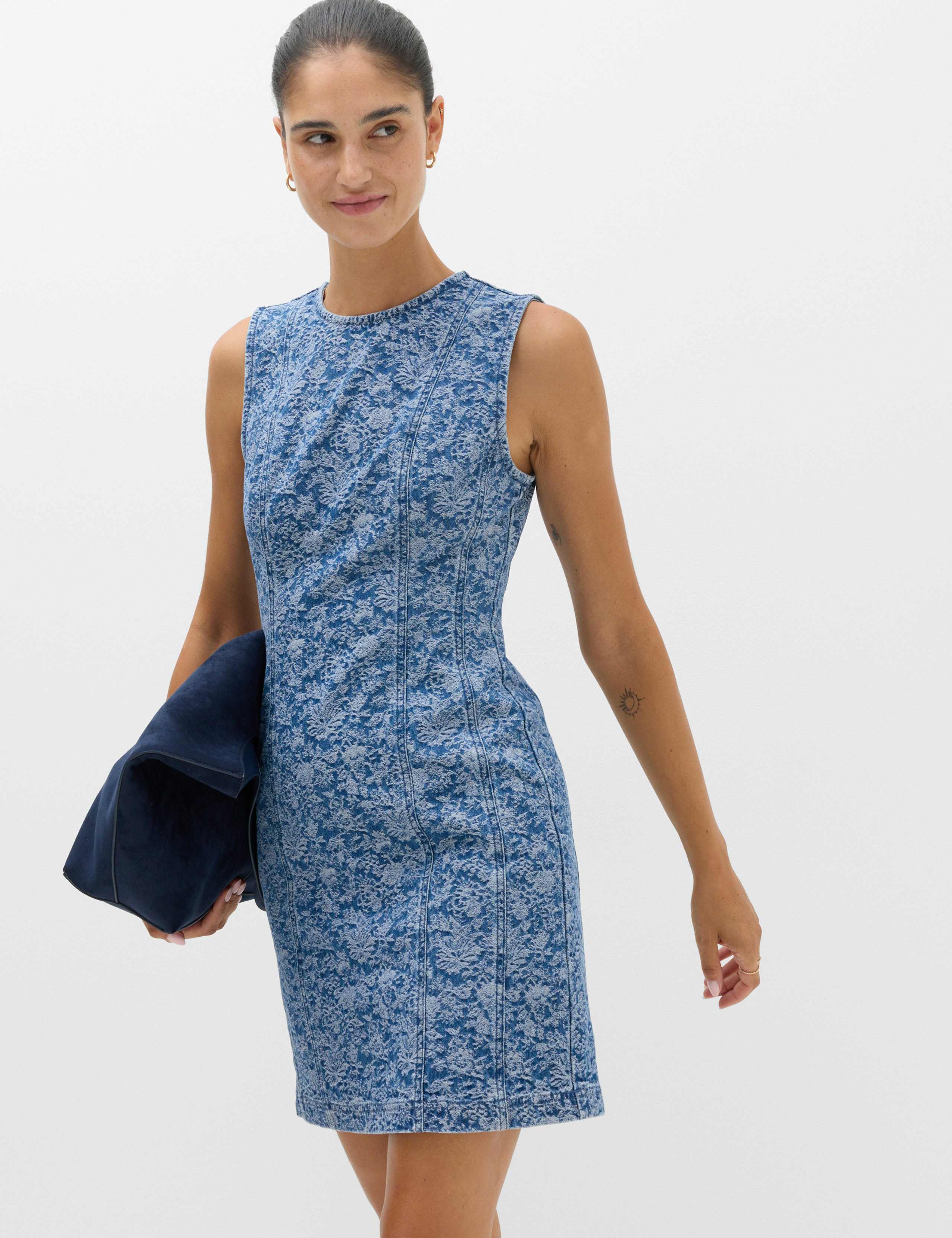 Denim Floral Jacquard Mini Shift Dress 5 of 6