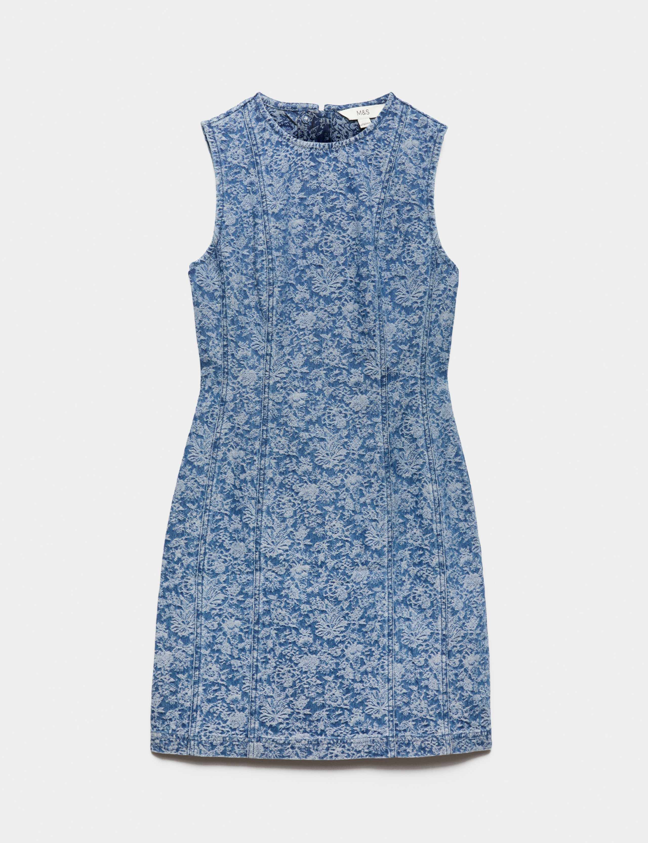 Denim Floral Jacquard Mini Shift Dress 2 of 6