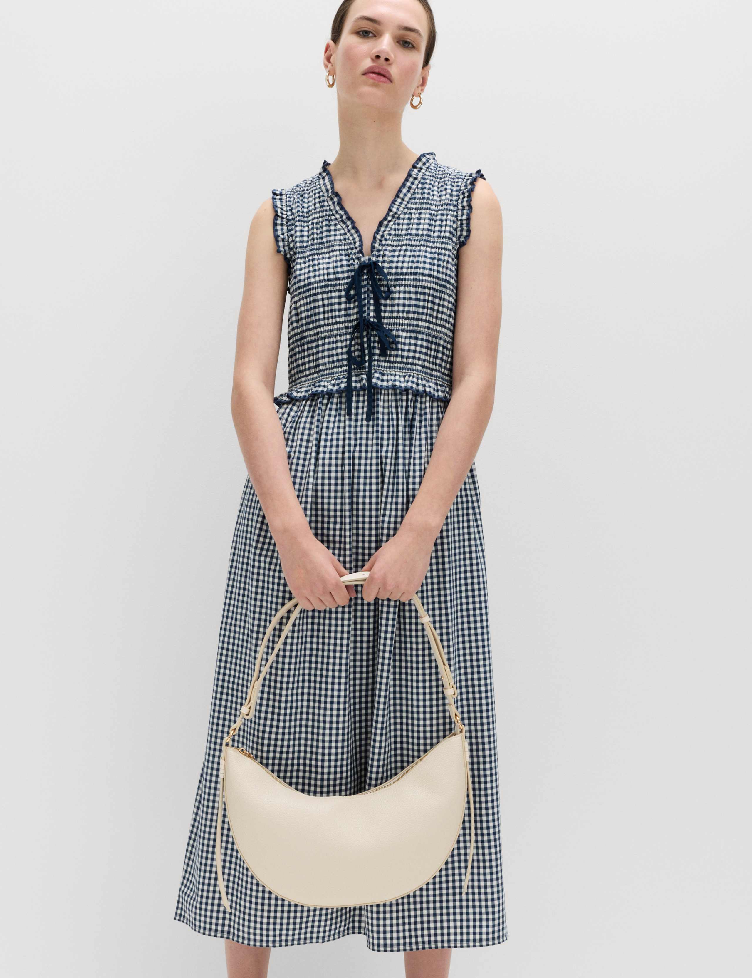 Cotton Rich Gingham Midi Waisted Dress 1 of 5
