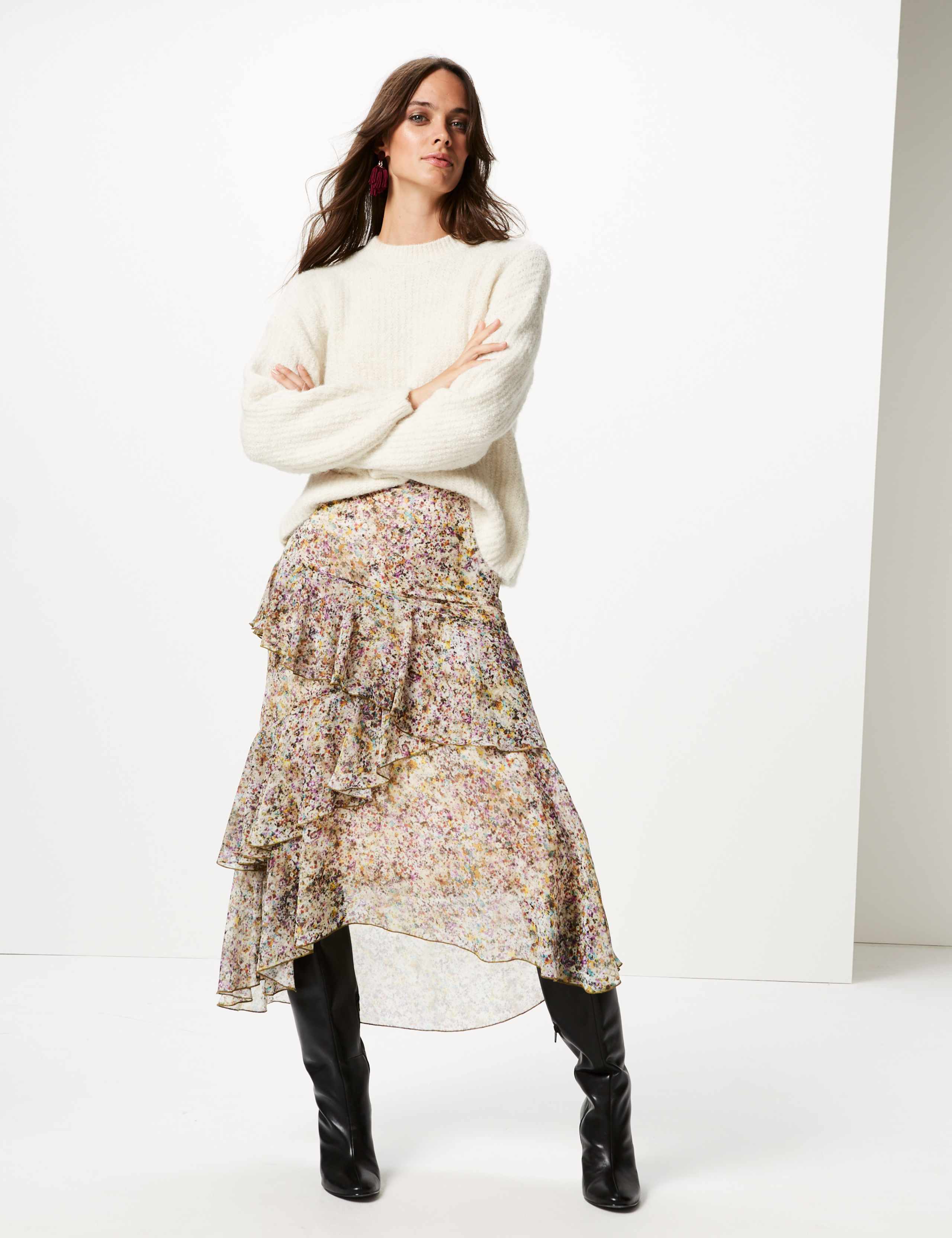 Floral Print Ruffle Midi Skirt 1 of 6