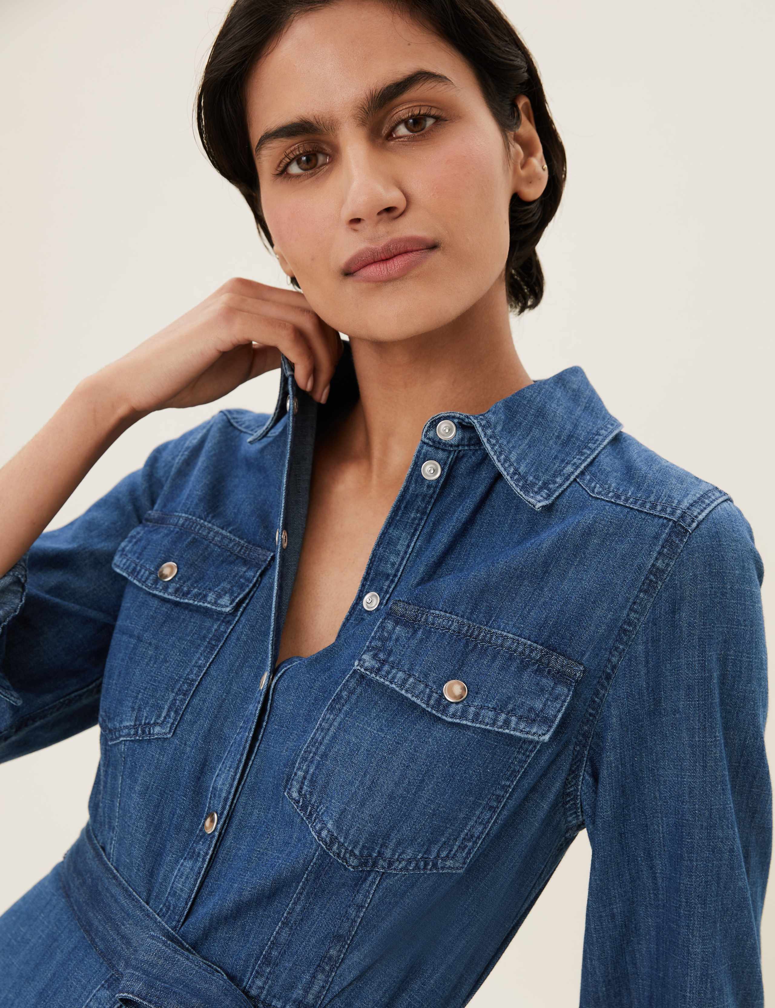 Denim Belted Midi Shirt Dress 3 of 6