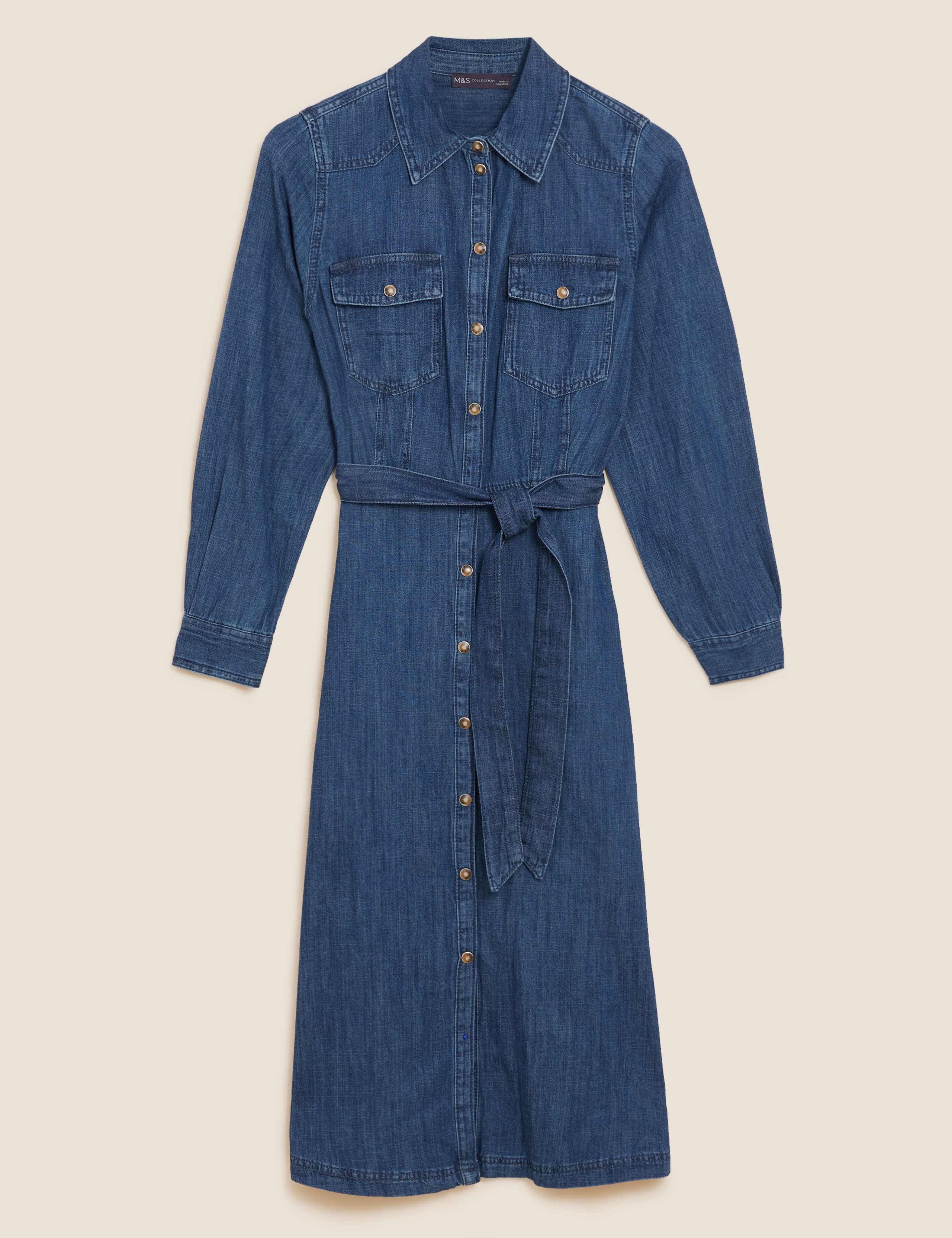 Denim Belted Midi Shirt Dress 2 of 6