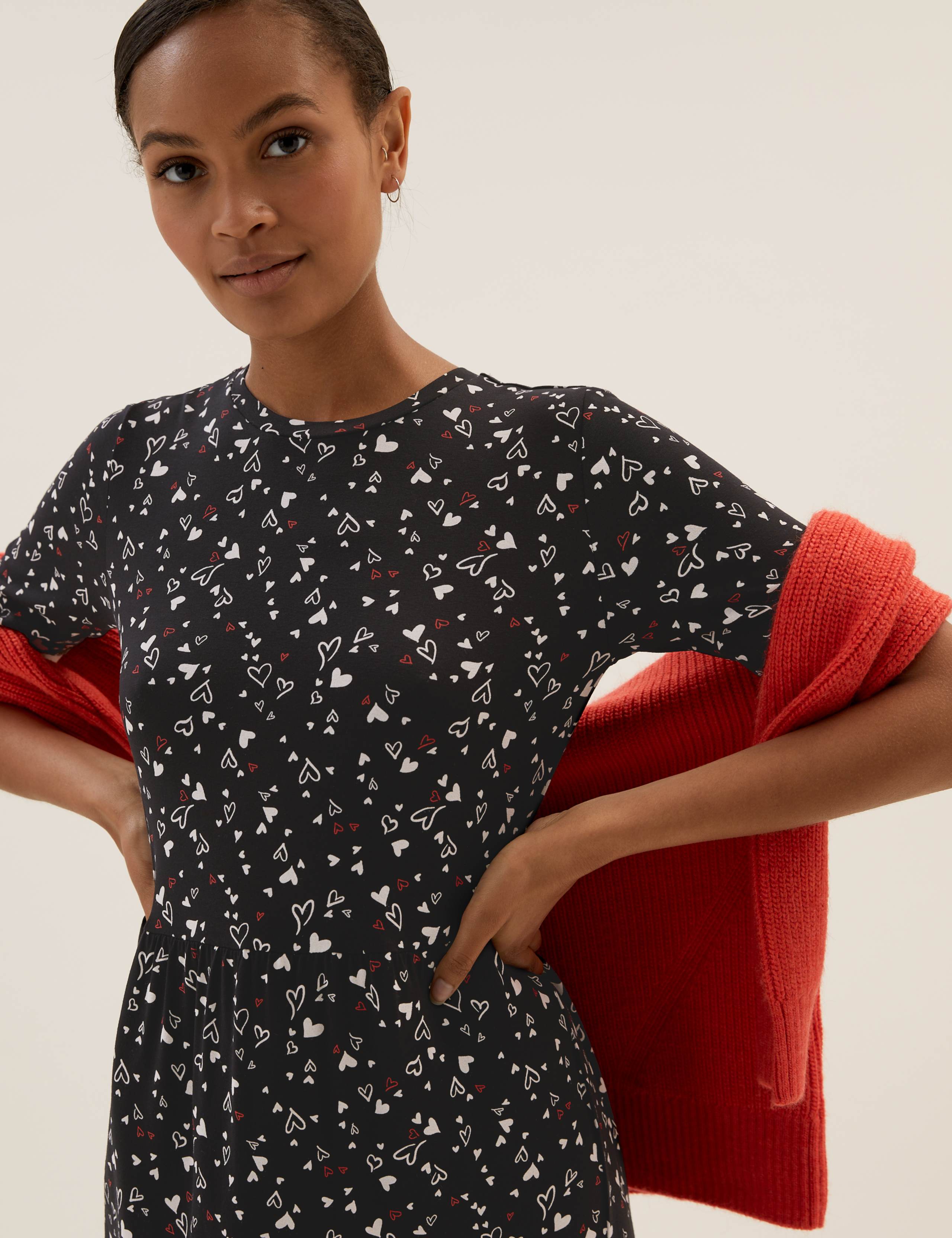 Jersey Heart Print Midi Tiered Dress 1 of 5