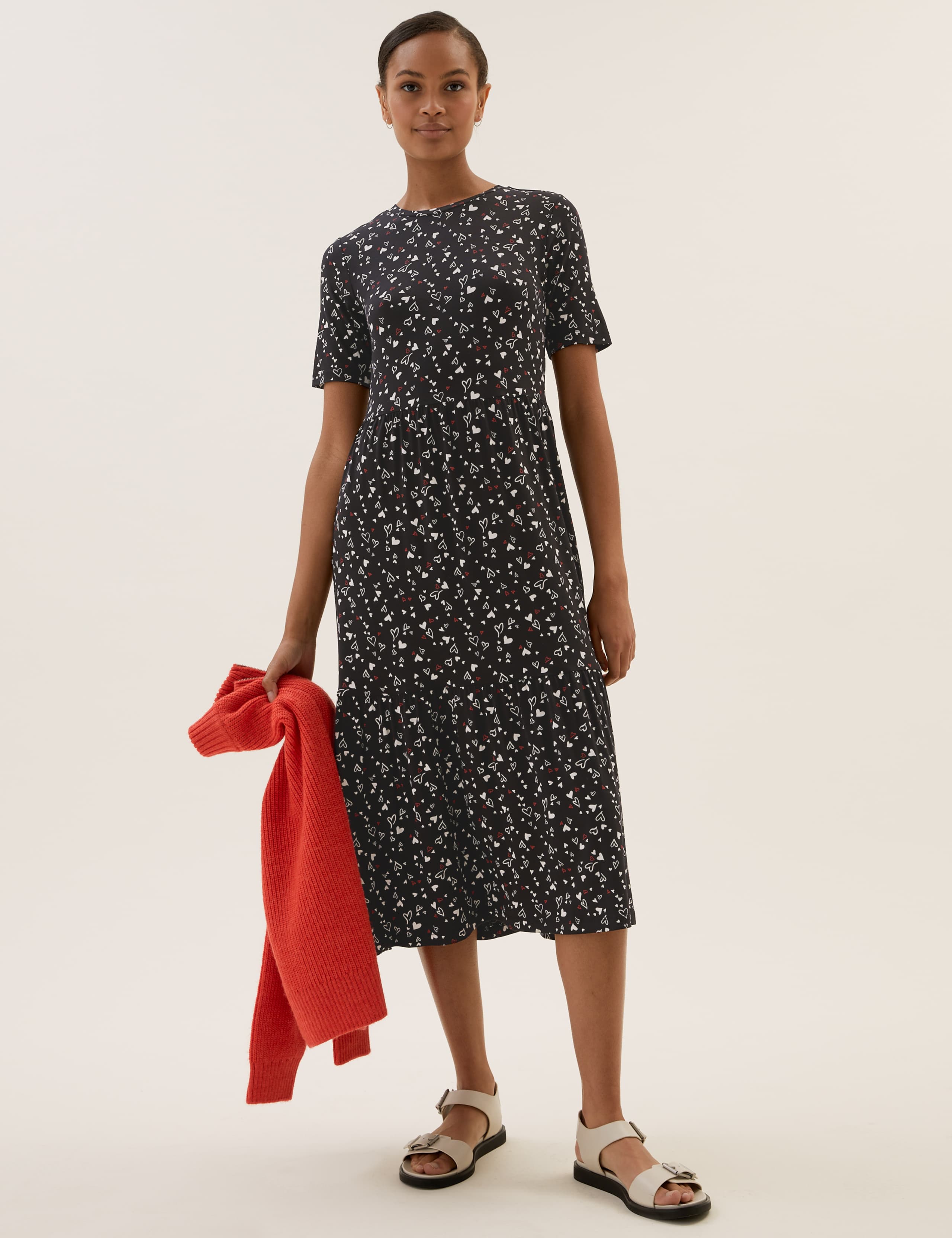 Jersey Heart Print Midi Tiered Dress M&S Collection M&S