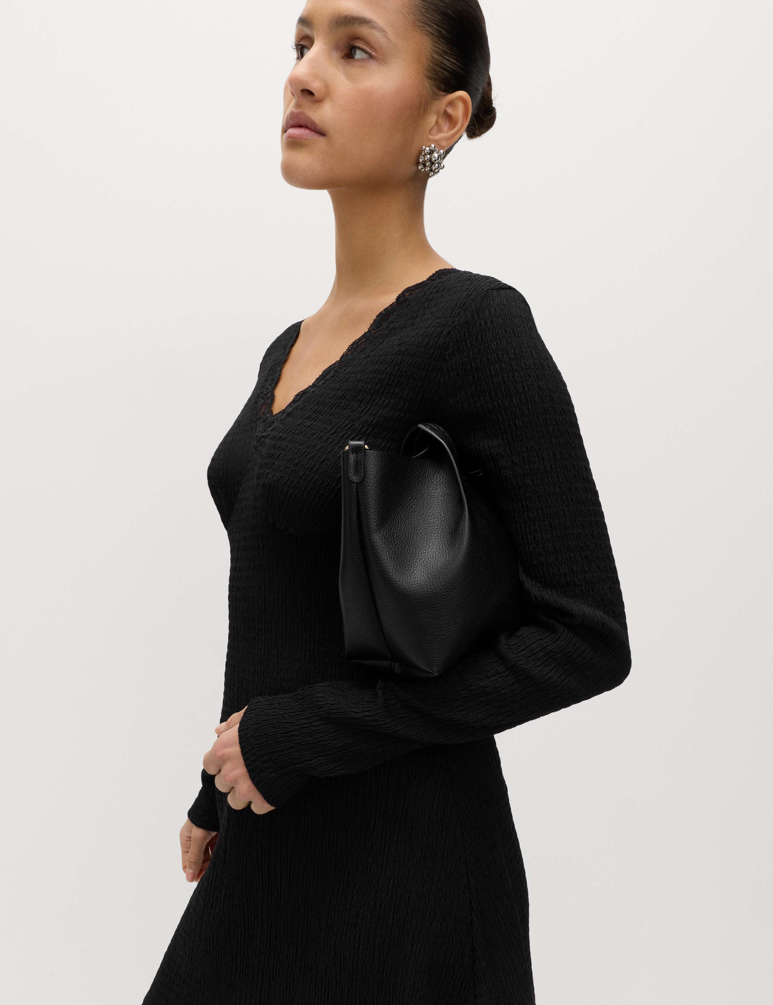 Textured V-Neck Lace Insert Mini Skater Dress 3 of 6