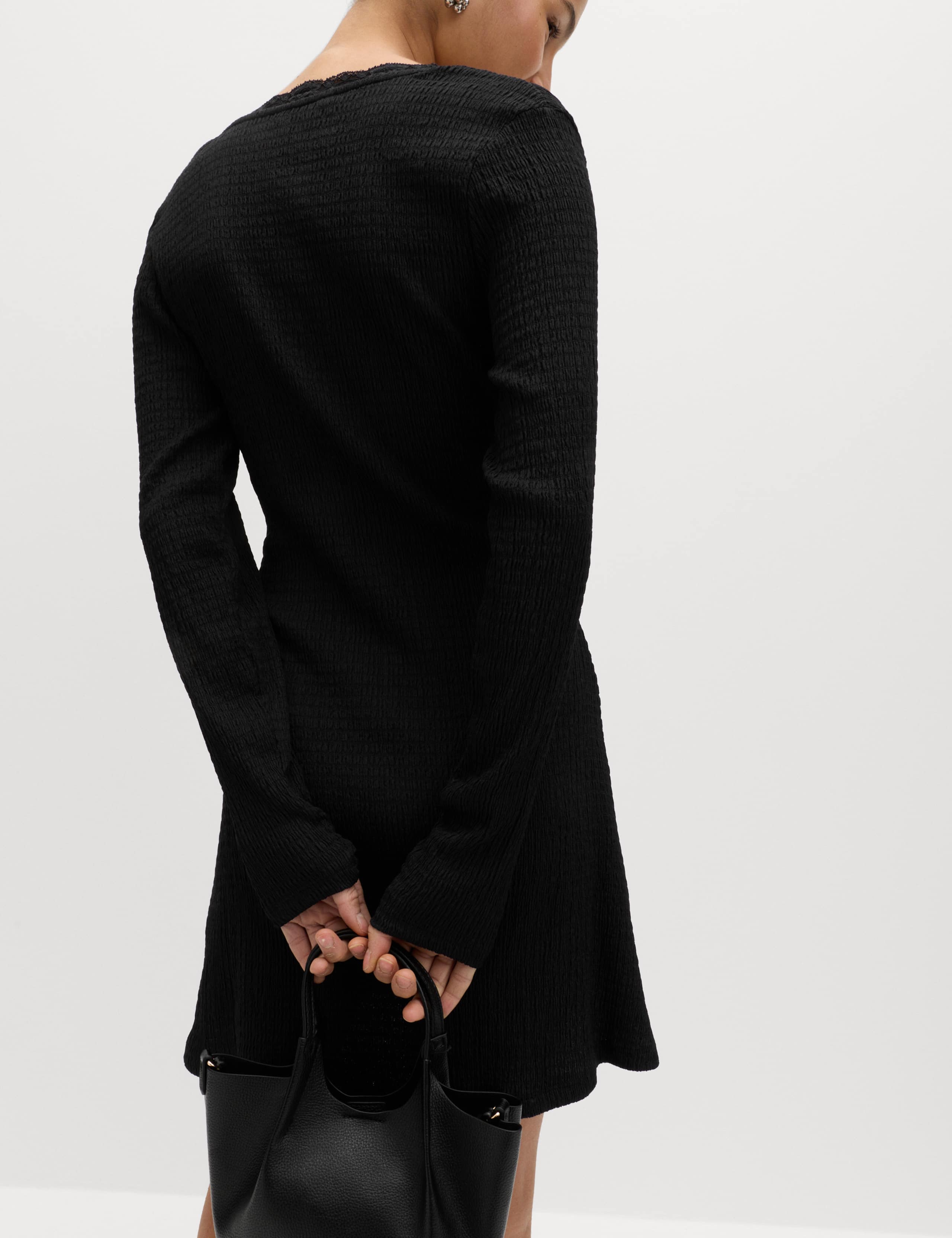 Textured V-Neck Lace Insert Mini Skater Dress 5 of 6