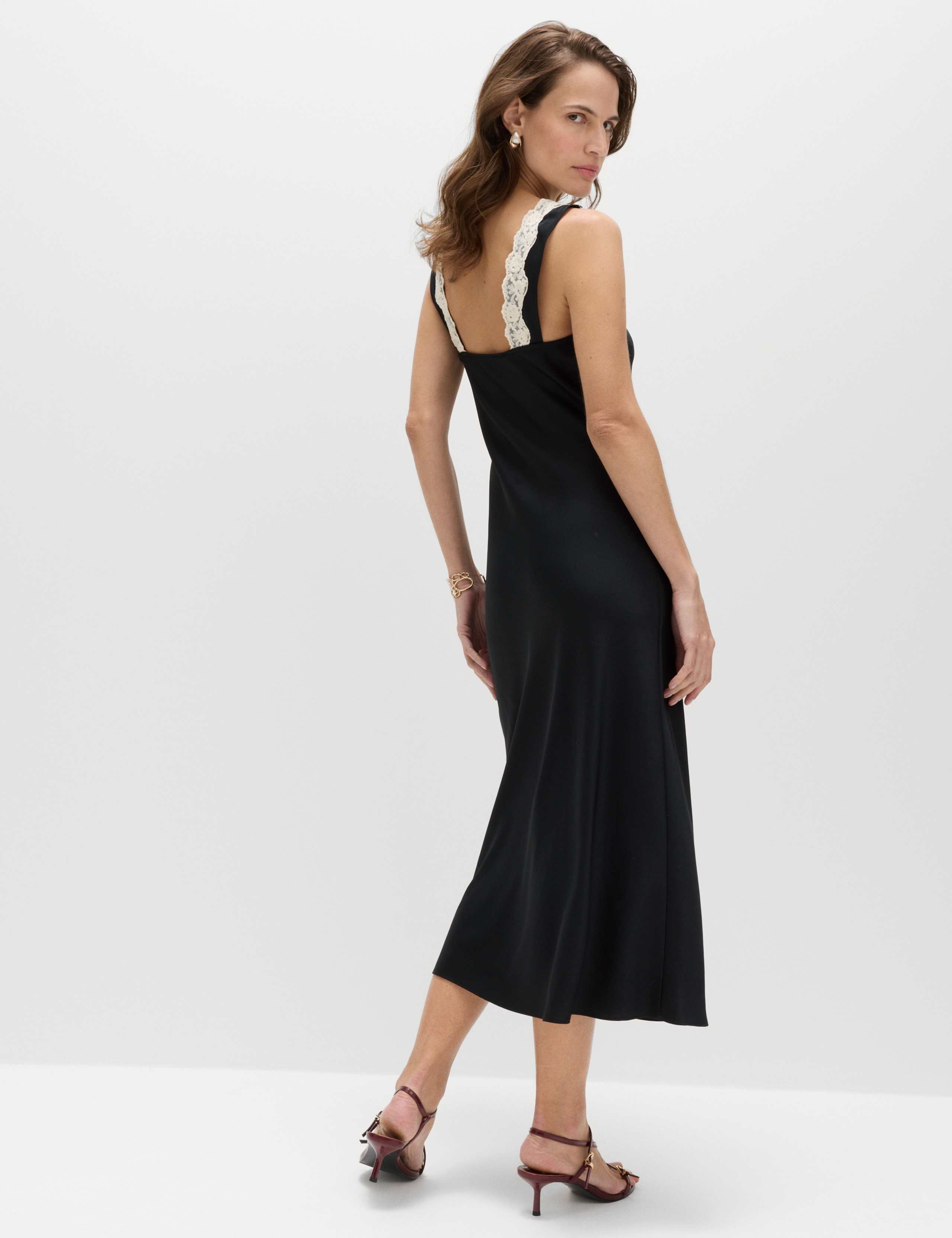 Satin V-Neck Lace Insert Midi Slip Dress 4 of 4