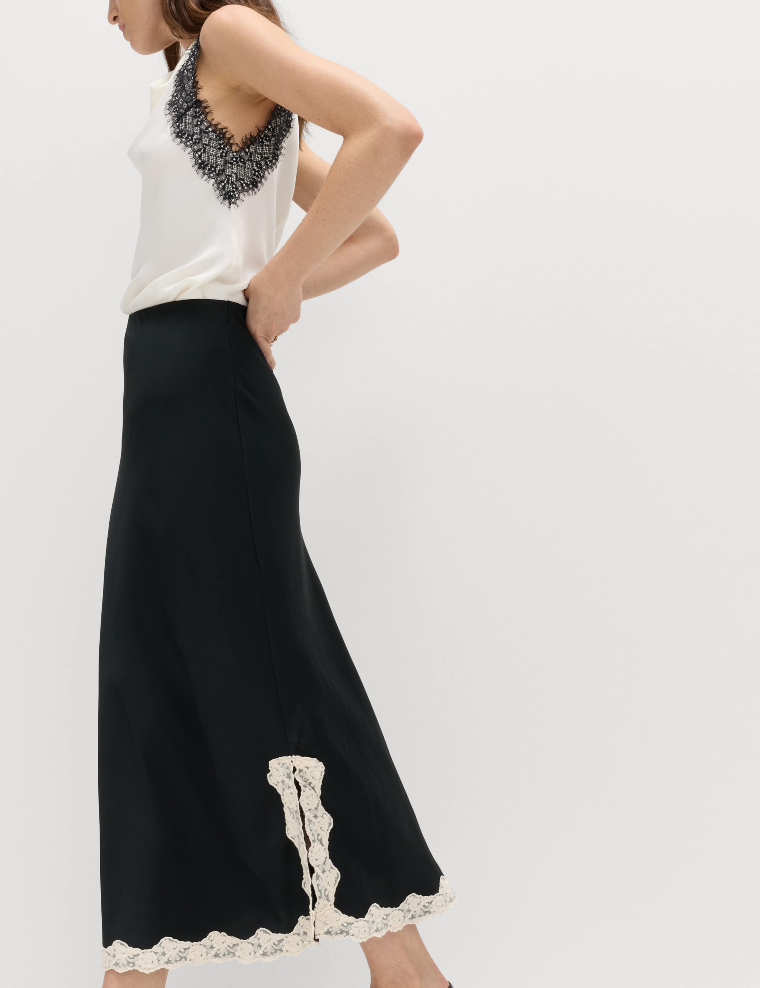 Satin Lace Trim Midi Slip Skirt 4 of 7