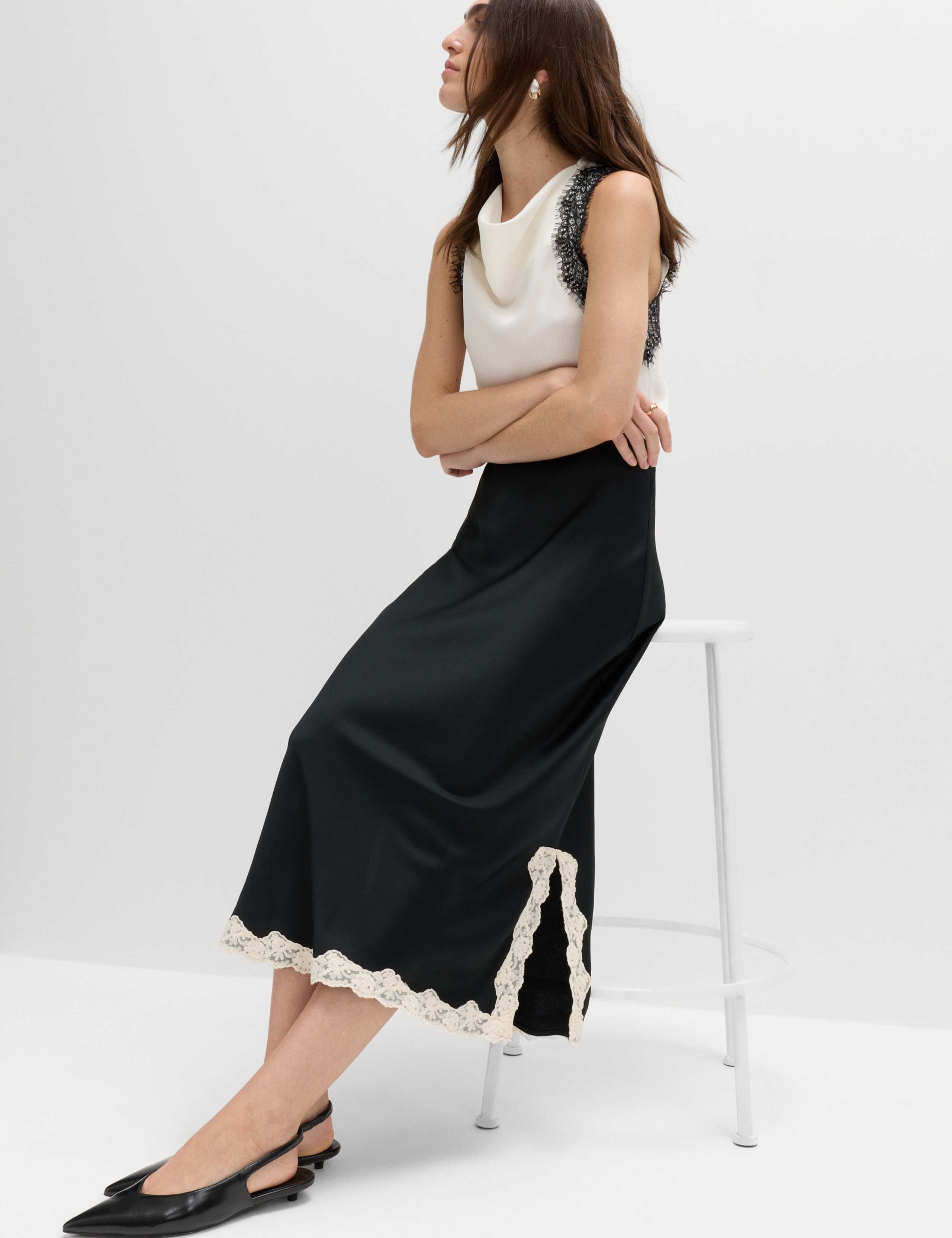 Satin Lace Trim Midi Slip Skirt 6 of 7
