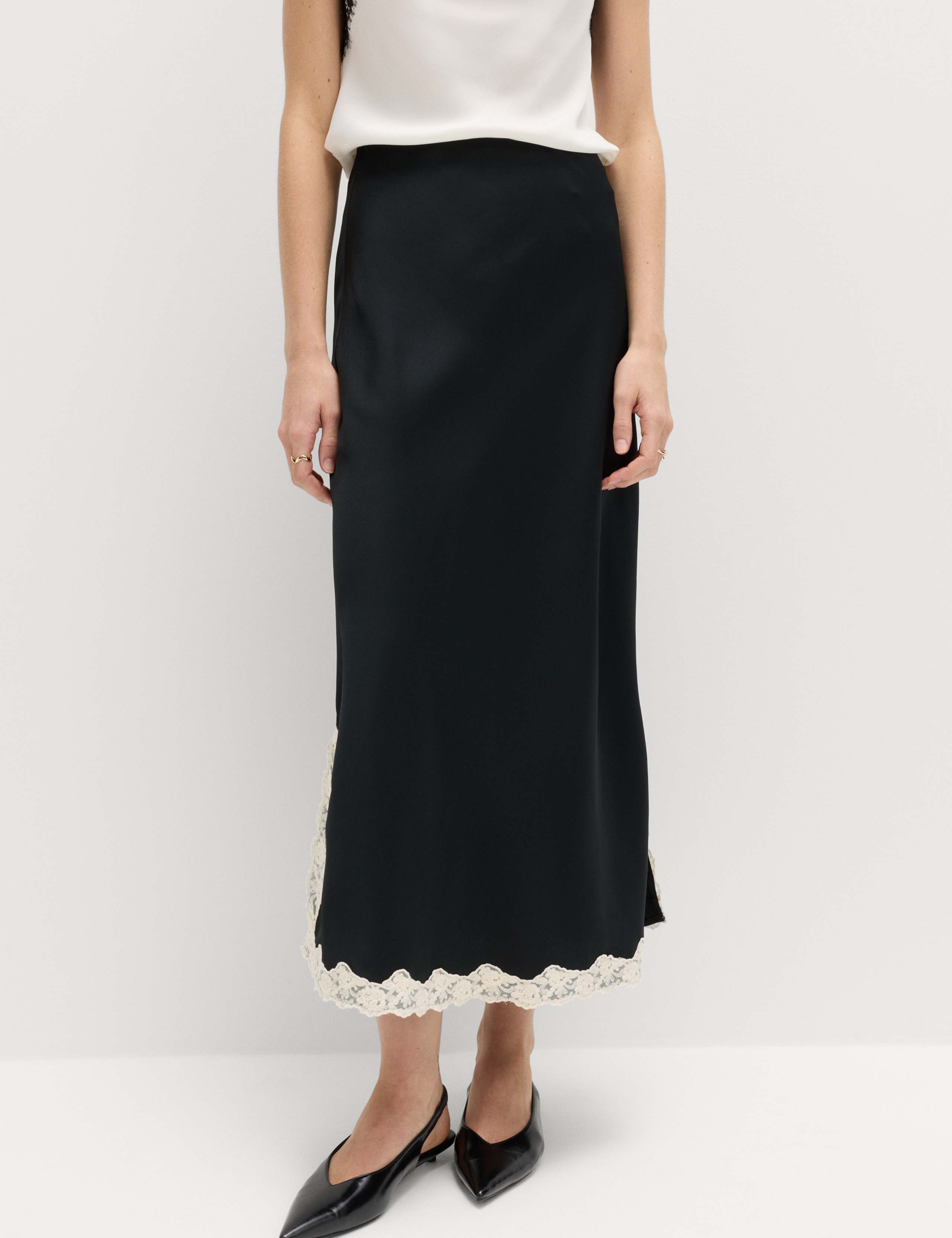 Satin Lace Trim Midi Slip Skirt 7 of 7