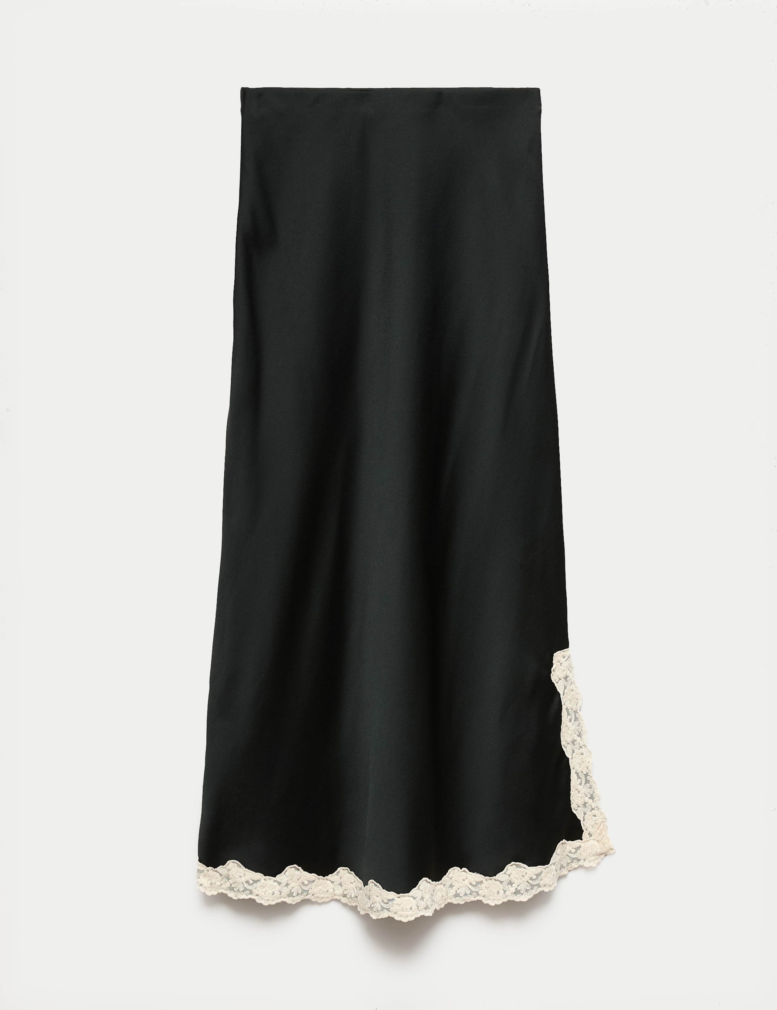 Satin Lace Trim Midi Slip Skirt 2 of 7