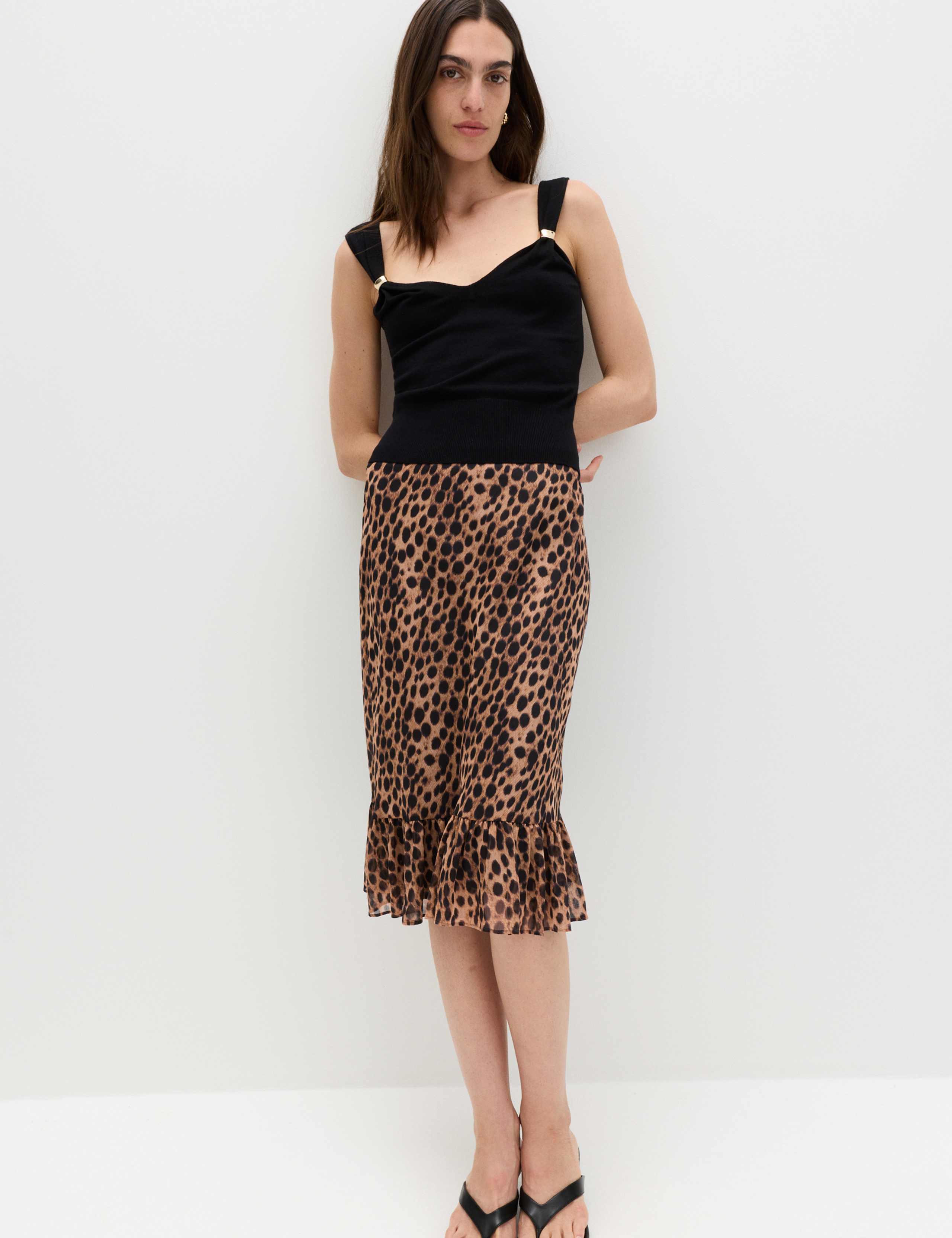 Animal Print Ruffle Hem Midi Tiered Skirt 1 of 5