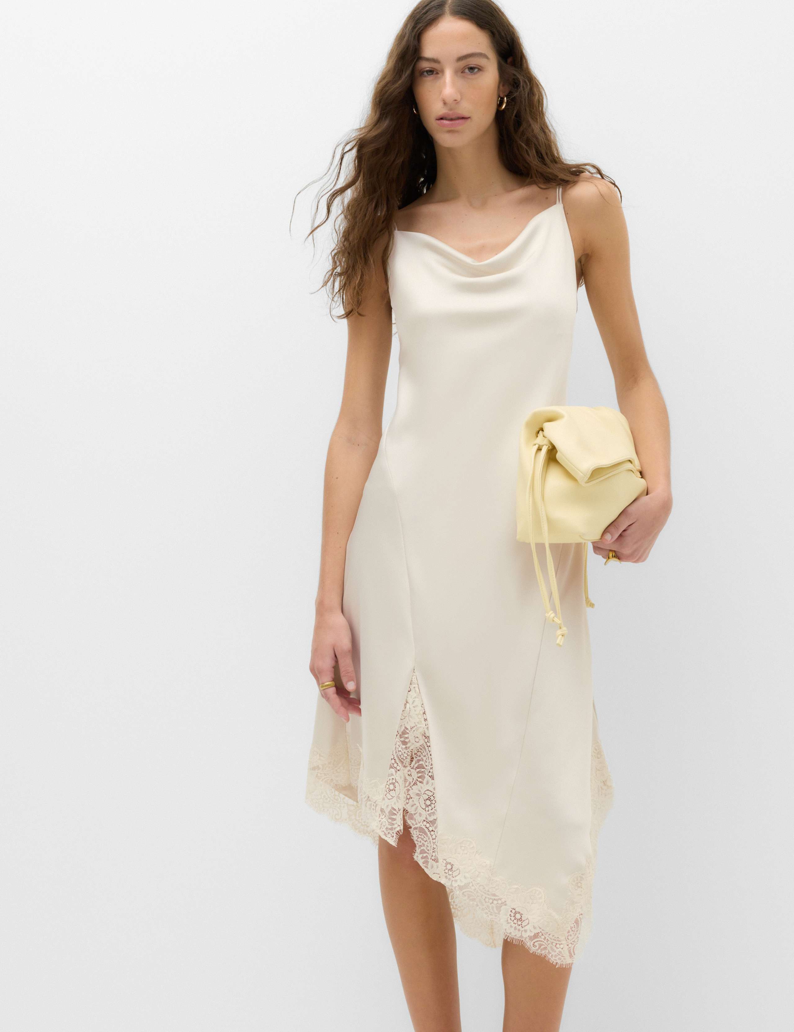 Satin Cowl Neck Lace Insert Midi Slip Dress 1 of 7