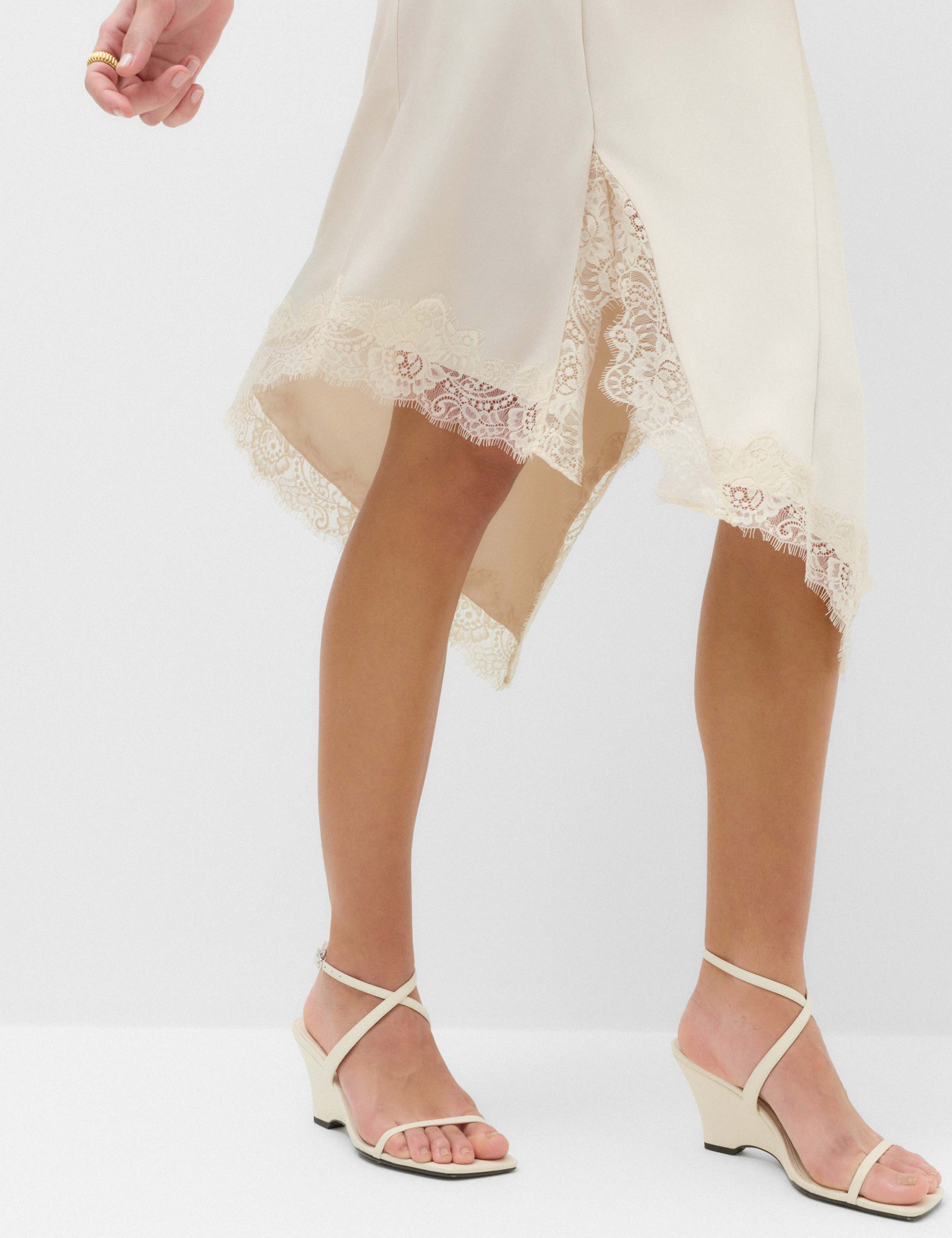 Satin Cowl Neck Lace Insert Midi Slip Dress 3 of 7