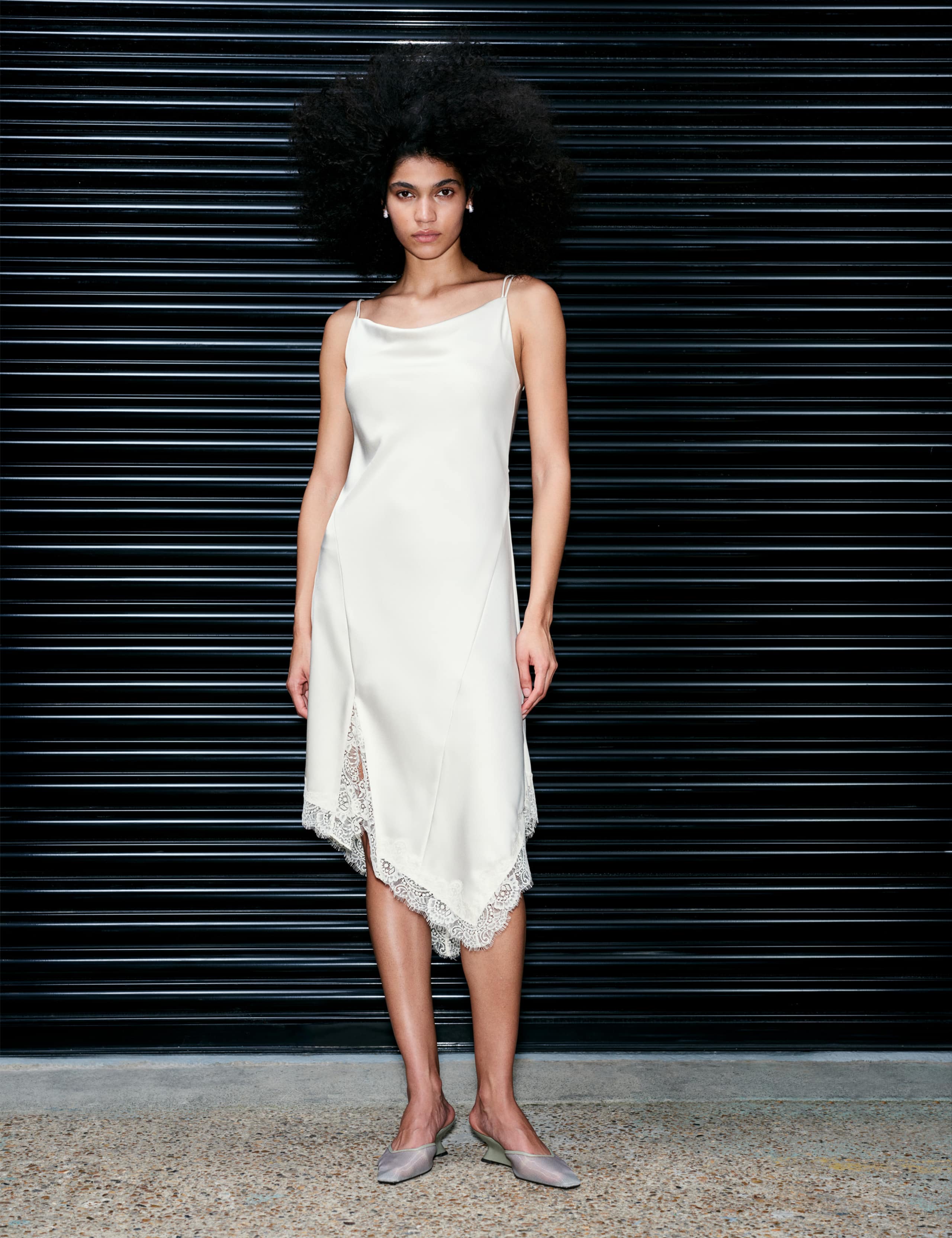 Satin Cowl Neck Lace Insert Midi Slip Dress 8 of 8