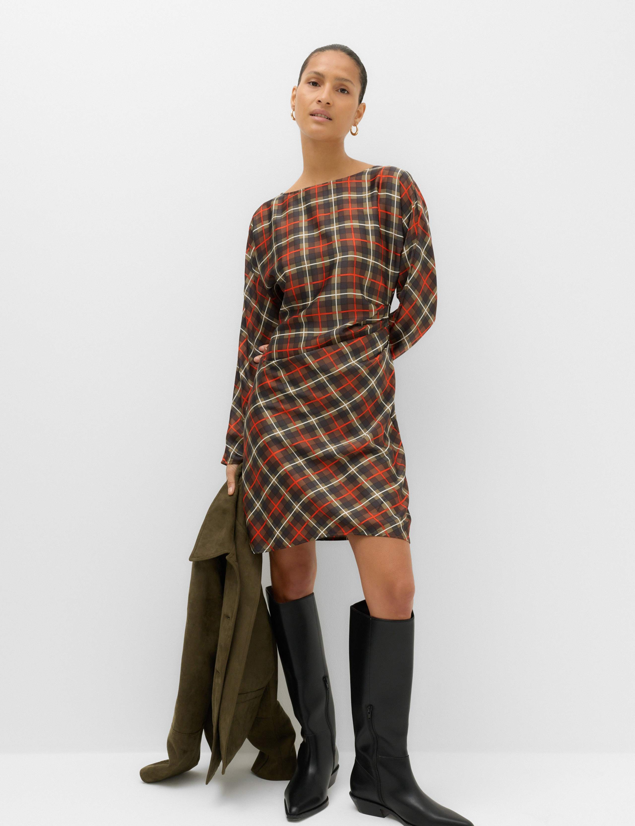 Checked Ruched Long Sleeve Mini Waisted Dress 7 of 7