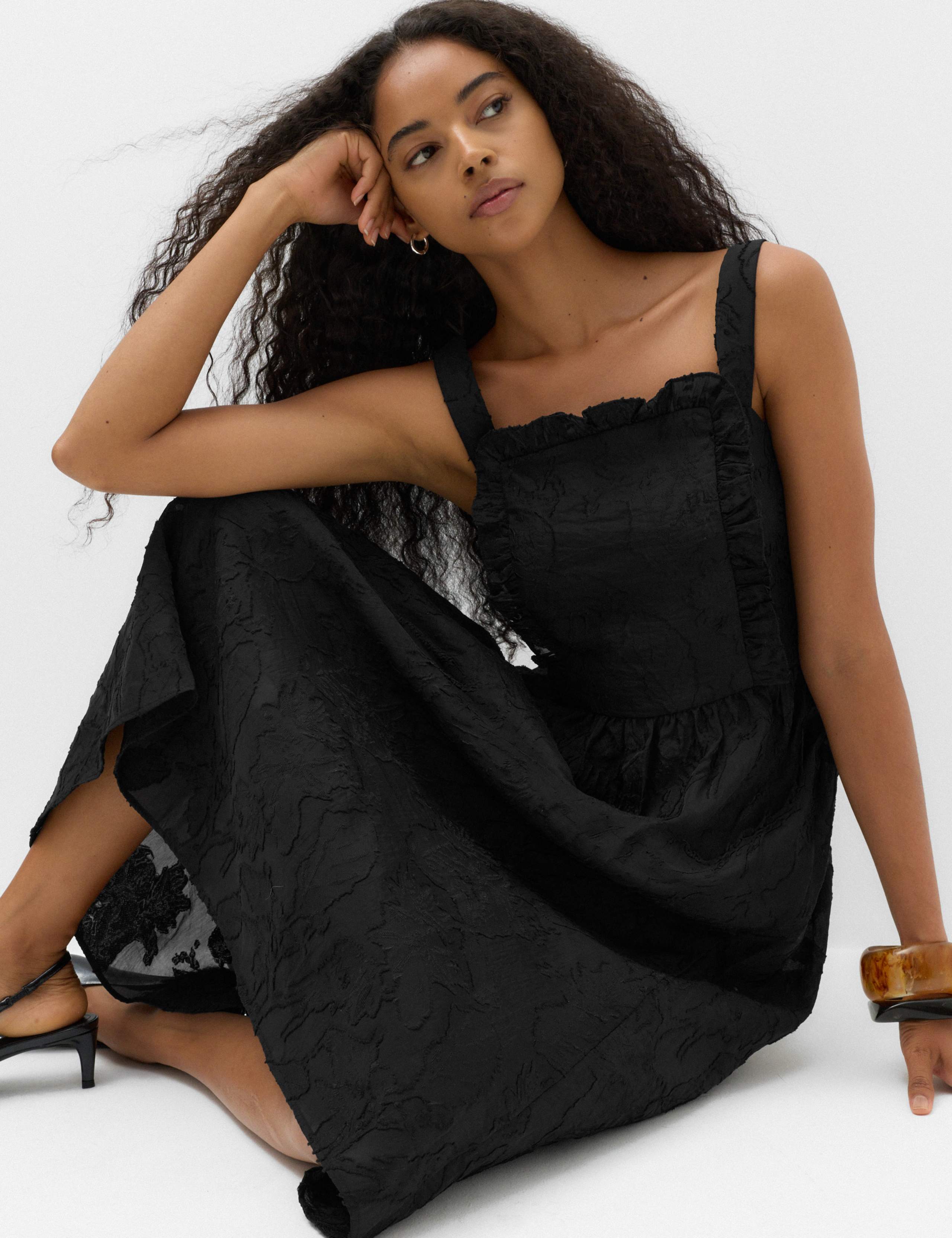 Jacquard Ruffle Square Neck Midi Waisted Dress 4 of 6