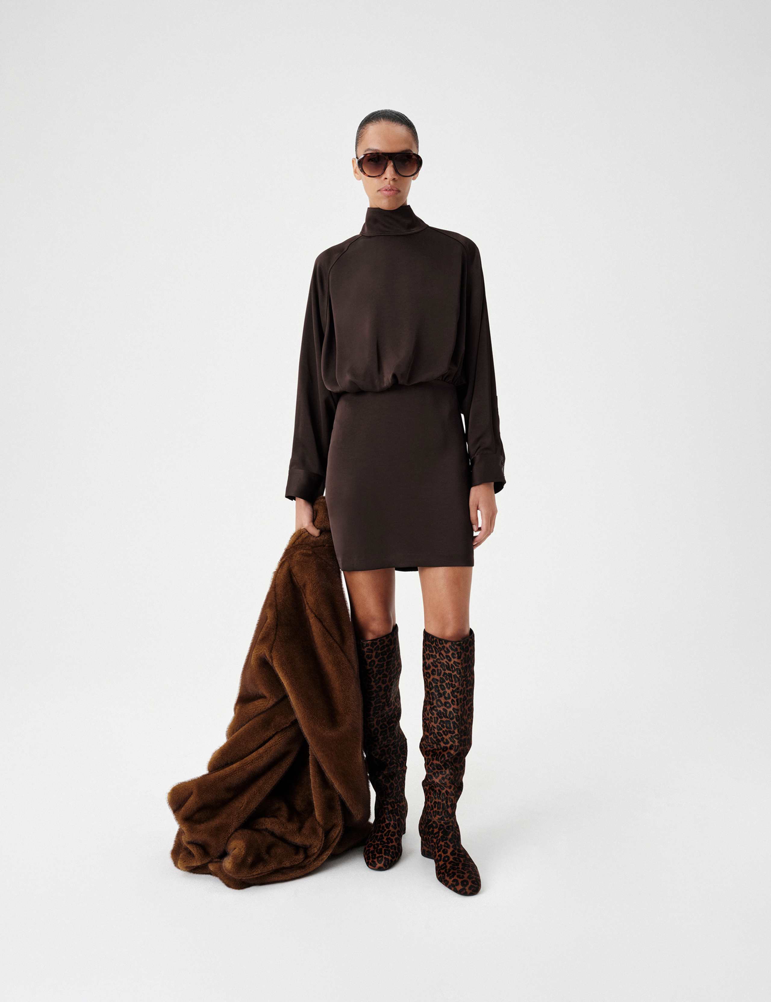 Funnel Neck Blouson Mini Waisted Dress 1 of 5
