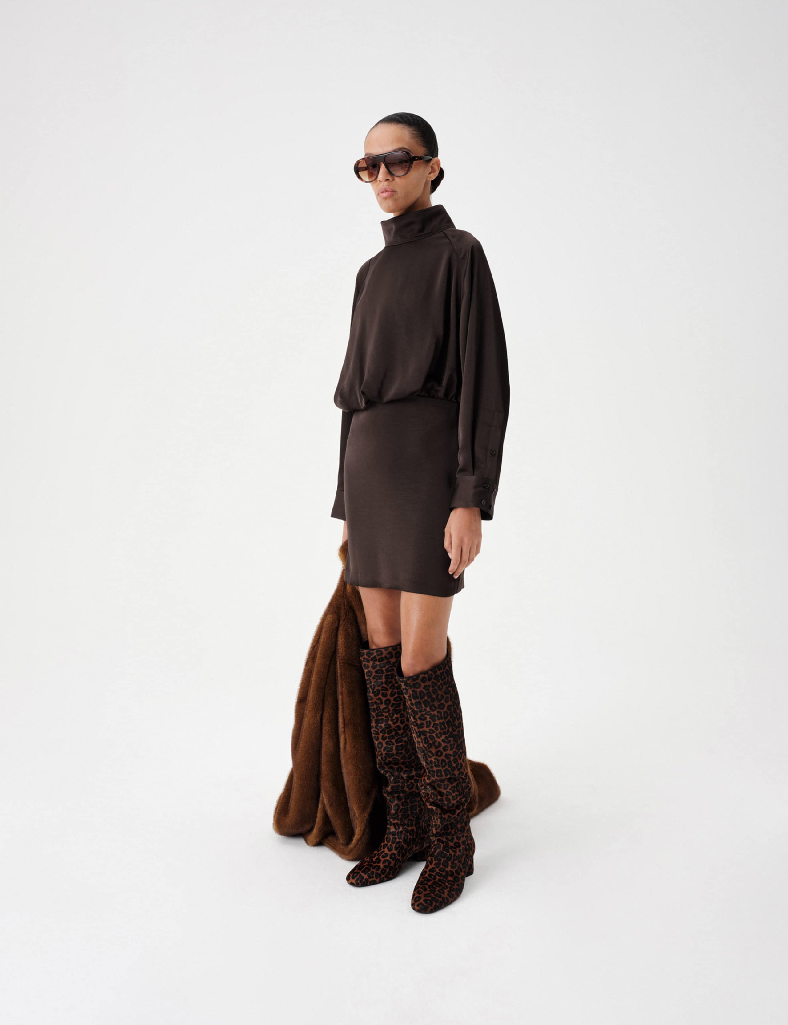Funnel Neck Blouson Mini Waisted Dress 3 of 5