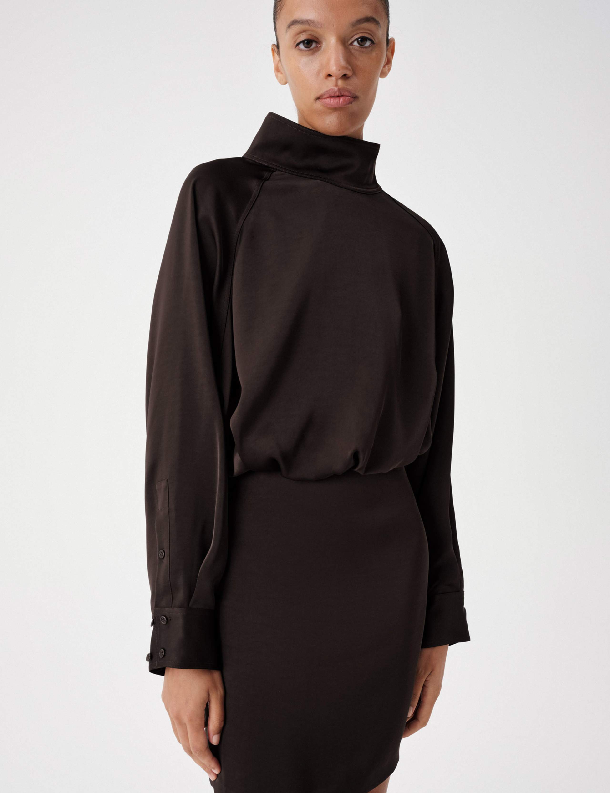Funnel Neck Blouson Mini Waisted Dress 4 of 5