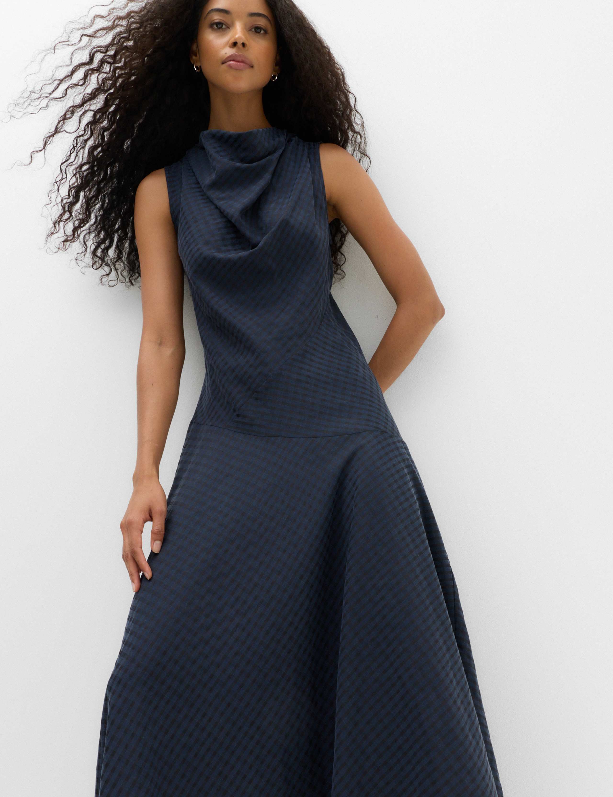 Lyocell Rich Checked Cowl Neck Midi Skater Dress 5 of 7