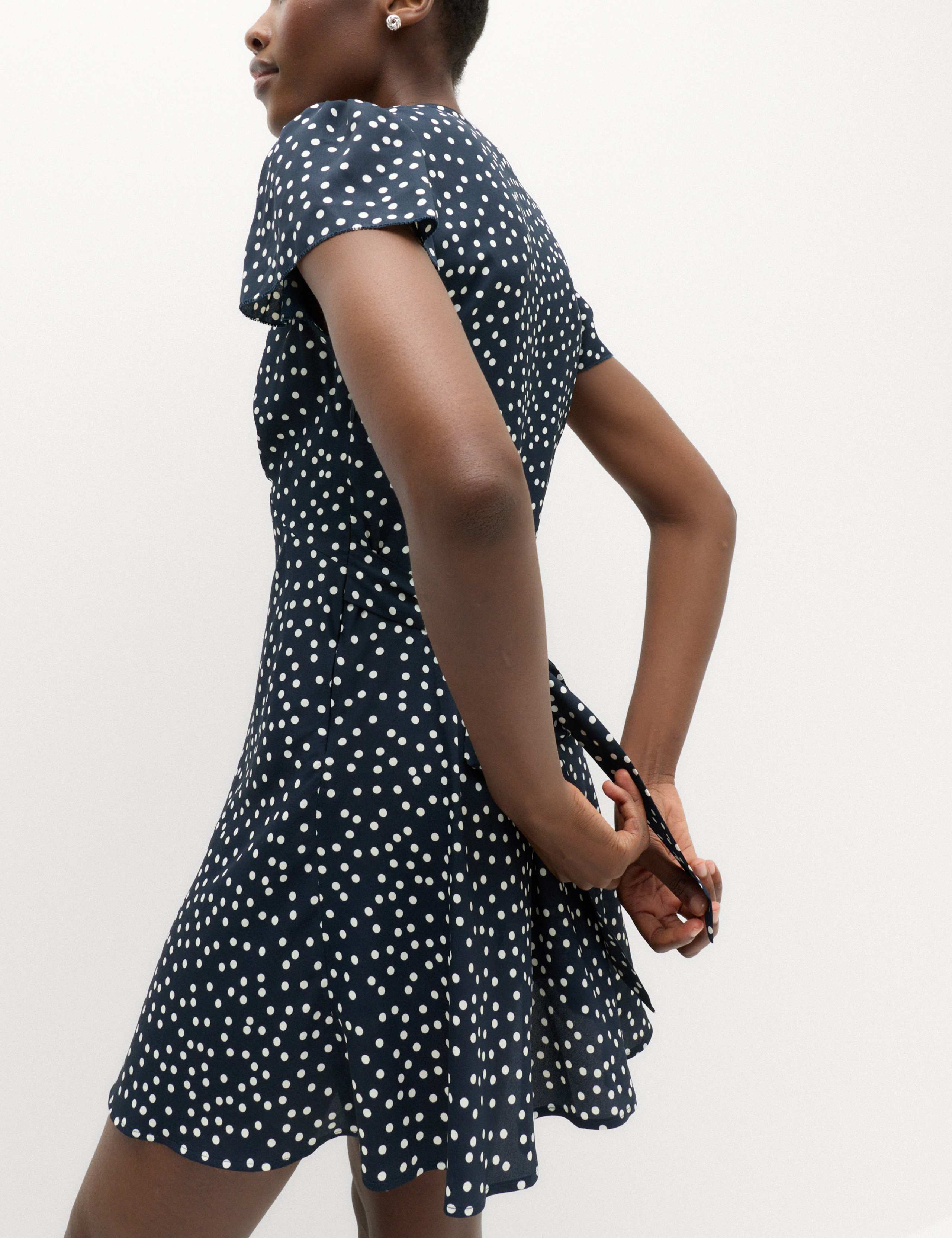 Polka Dot V-Neck Tie Waist Mini Tea Dress 4 of 6
