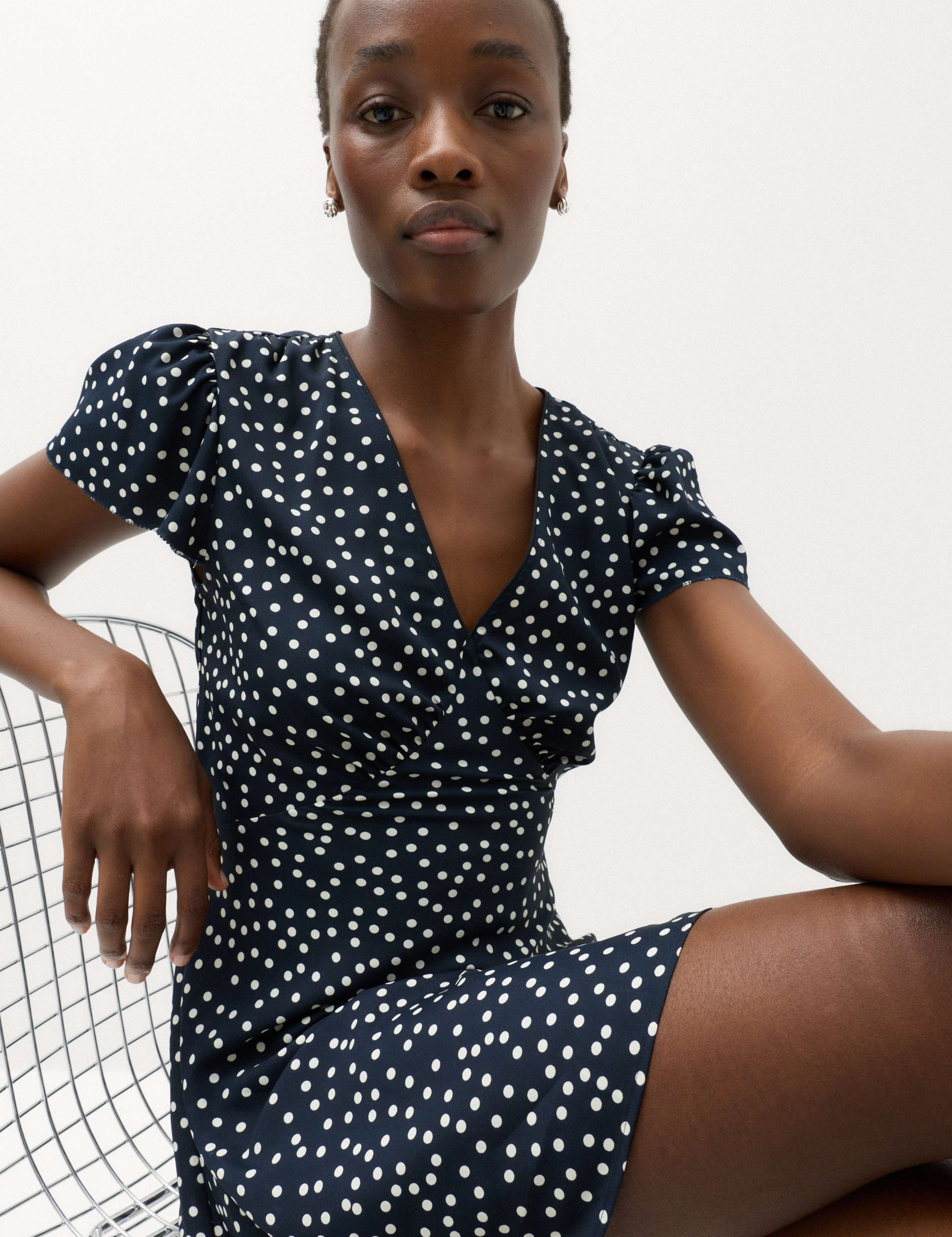 Polka Dot V-Neck Tie Waist Mini Tea Dress 5 of 6