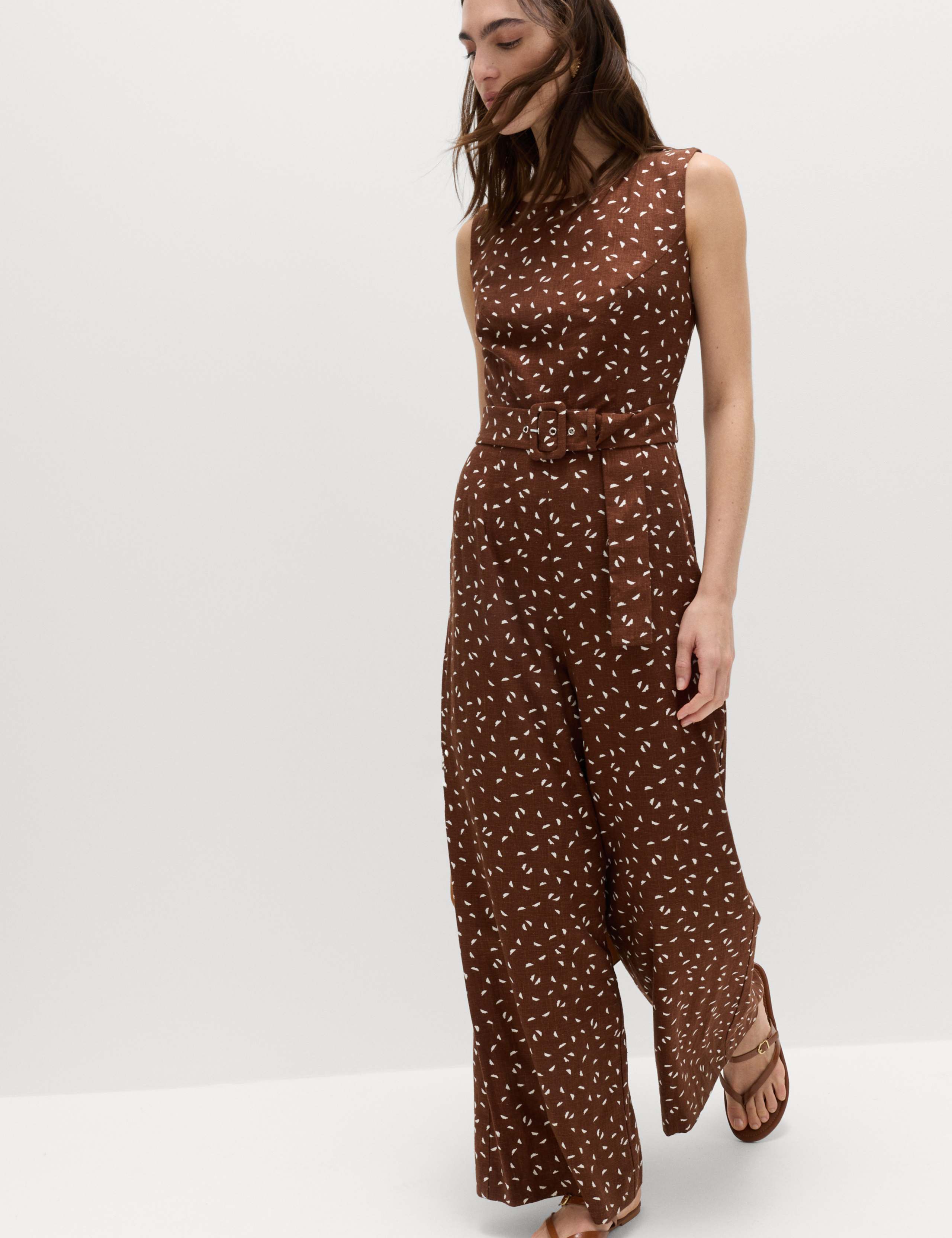 Linen Blend Printed Belted Jumpsuit 5 of 7