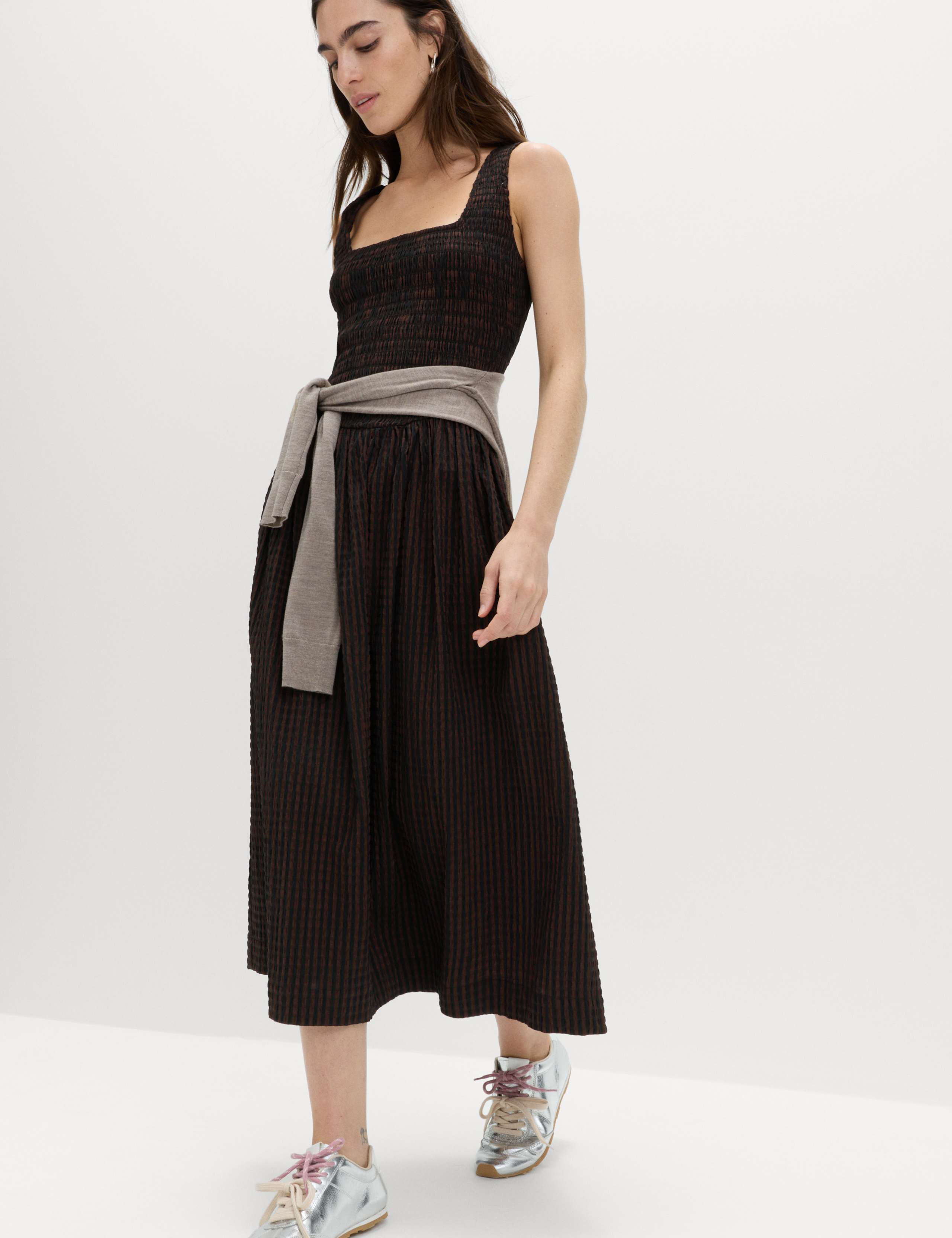 Checked Shirred Bodice Midi Skater Dress 6 of 6