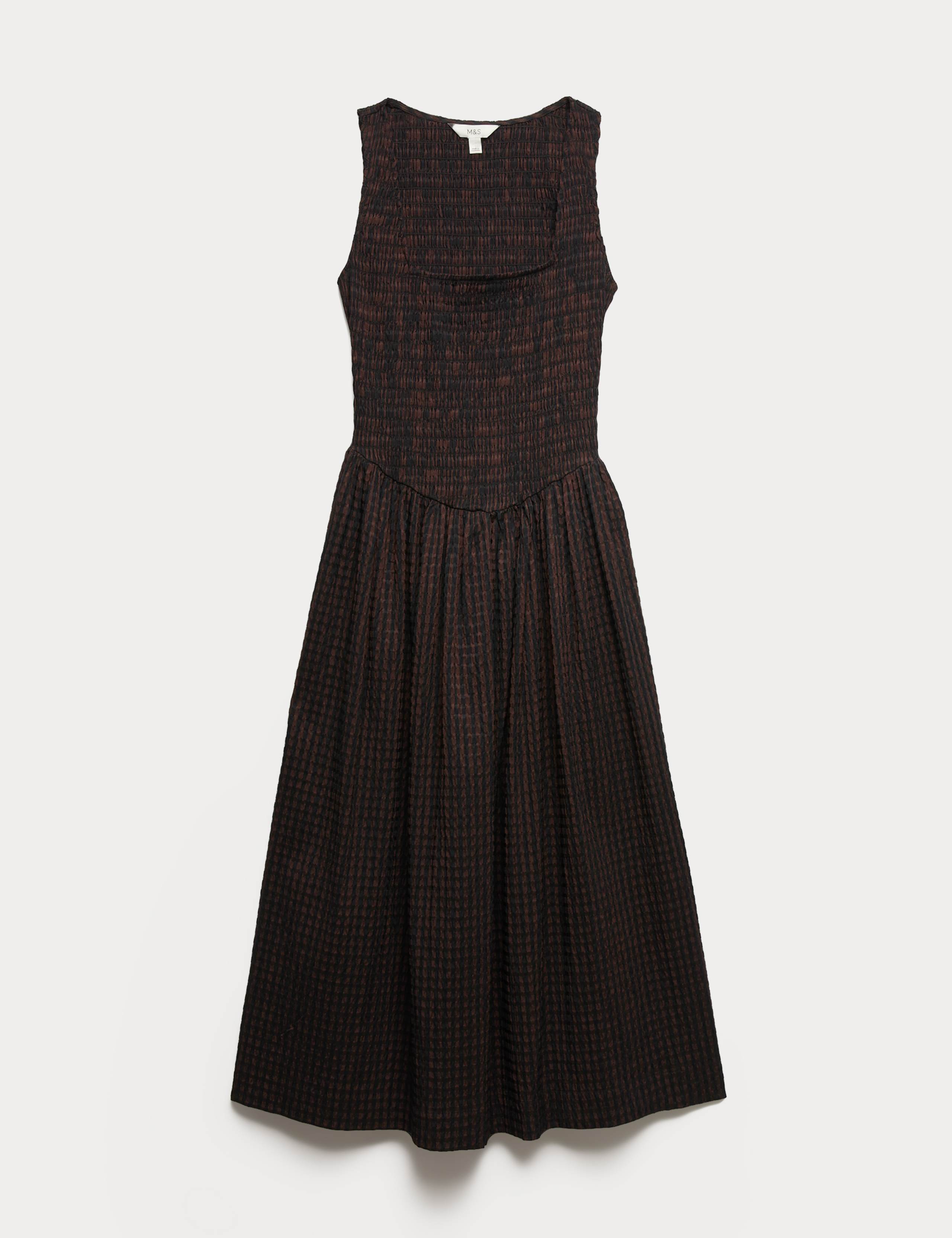 Checked Shirred Bodice Midi Skater Dress 2 of 6